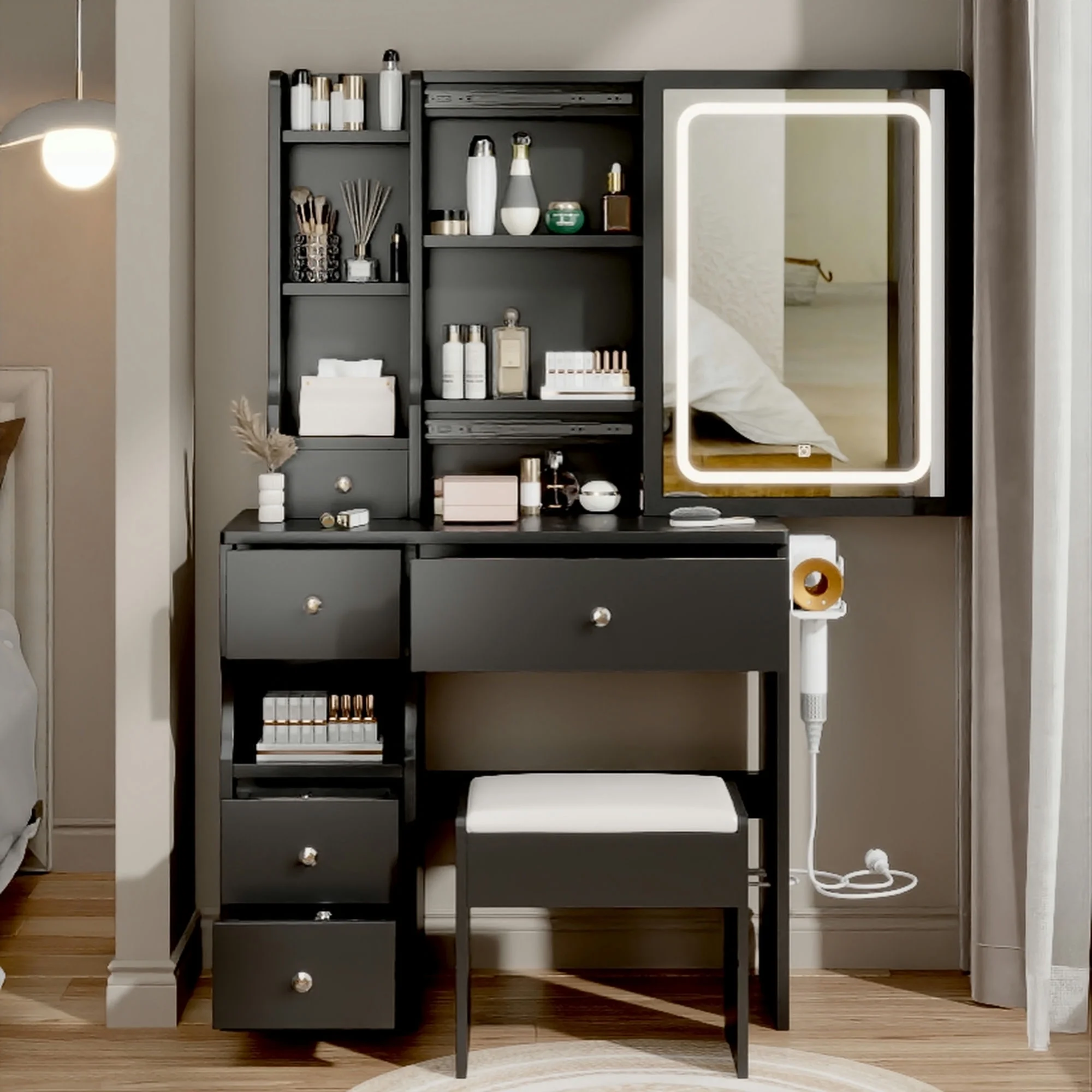 Kadyn Vanity Table with Large Sliding Lighted Mirror, Dressing Table with 2 Drawers, Storage Shelves and Upholstered Stool, White - Womvr