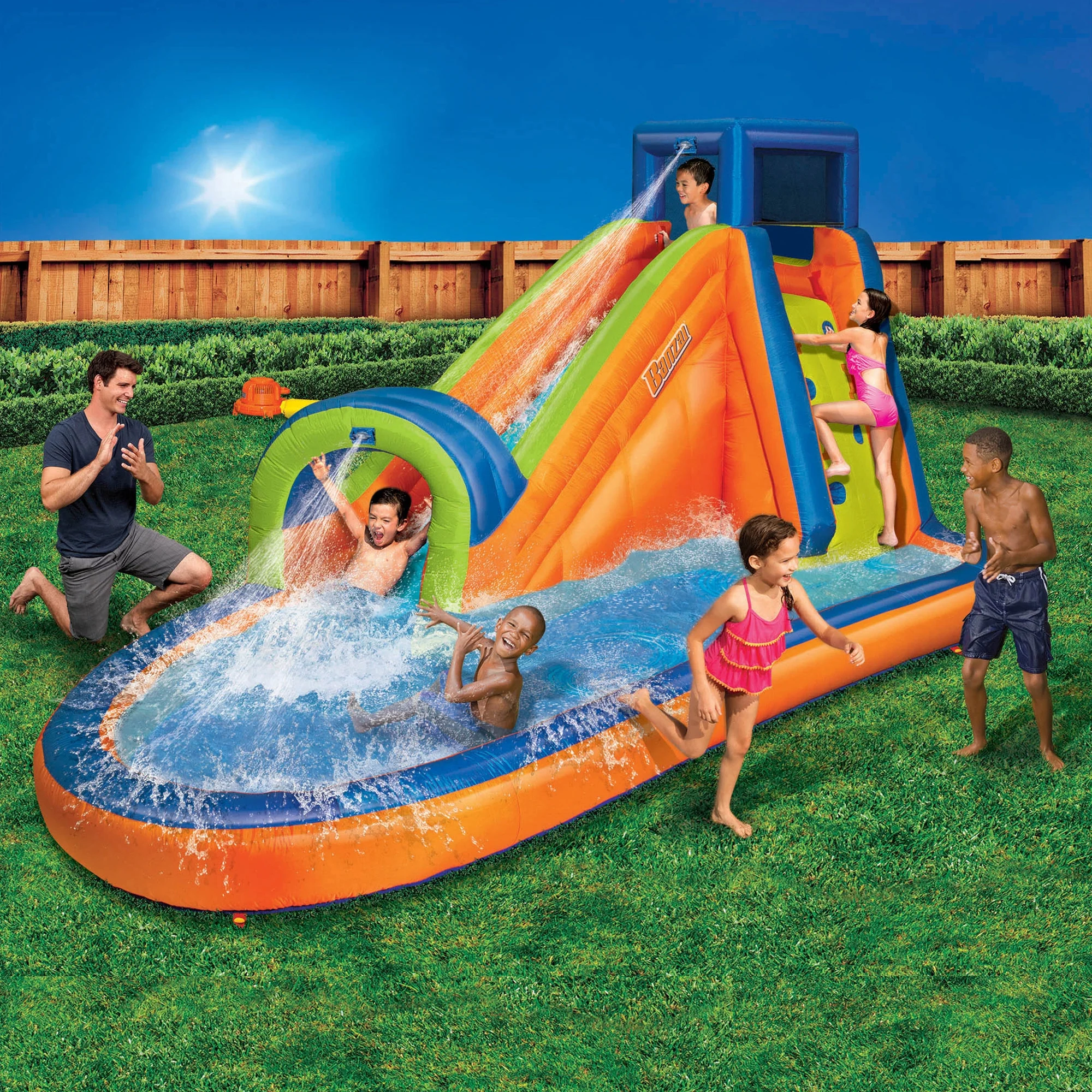 Banzai Pipeline Water Park Toy, Length: 14 ft 7 in, Width: 9 ft 6 in, Height: 7 ft 11 in, Inflatable Outdoor Backyard Water Slide Splash Toy - Womvr