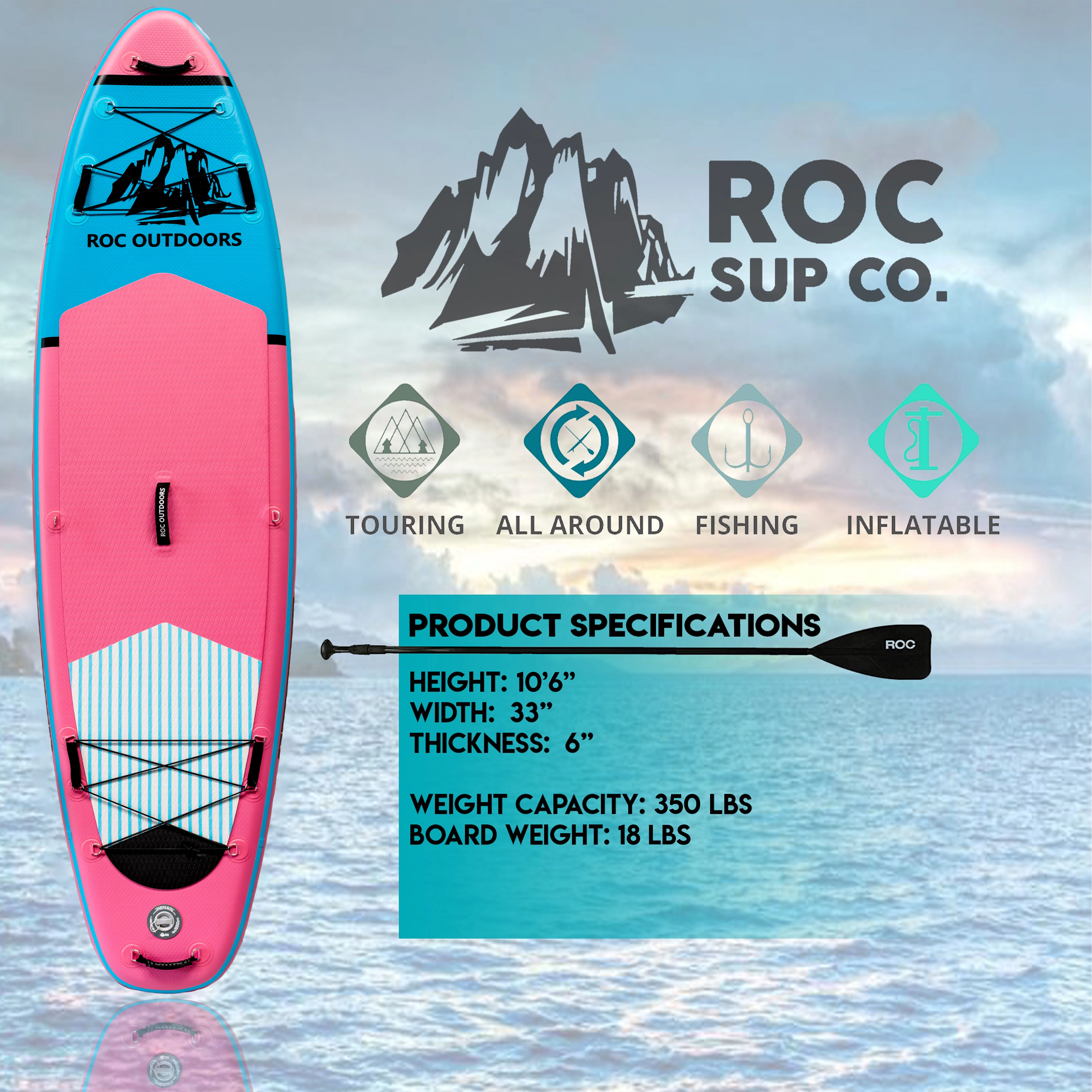 Roc Inflatable Stand Up Paddle Board with Premium sup Accessories & Backpack, Non-Slip Deck, Waterproof Bag, Leash, Paddle and Hand Pump - Womvr