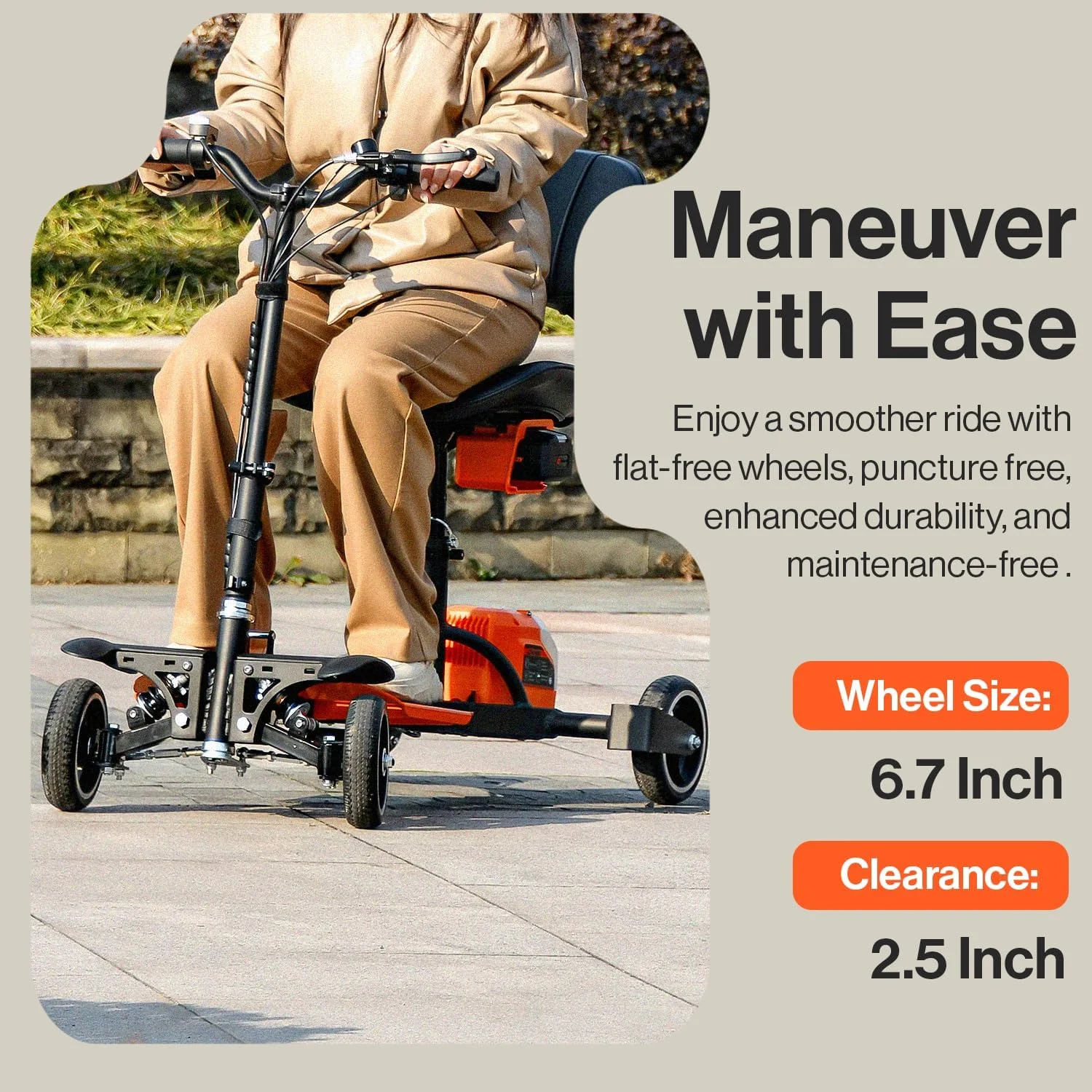 SuperHandy 4-Wheel Mobility Scooter - Lightweight, Foldable, 48V 2Ah Li-Ion Battery, Adjustable, Flat-Free Tires, 330lbs Capacity (Orange & Black) - Womvr