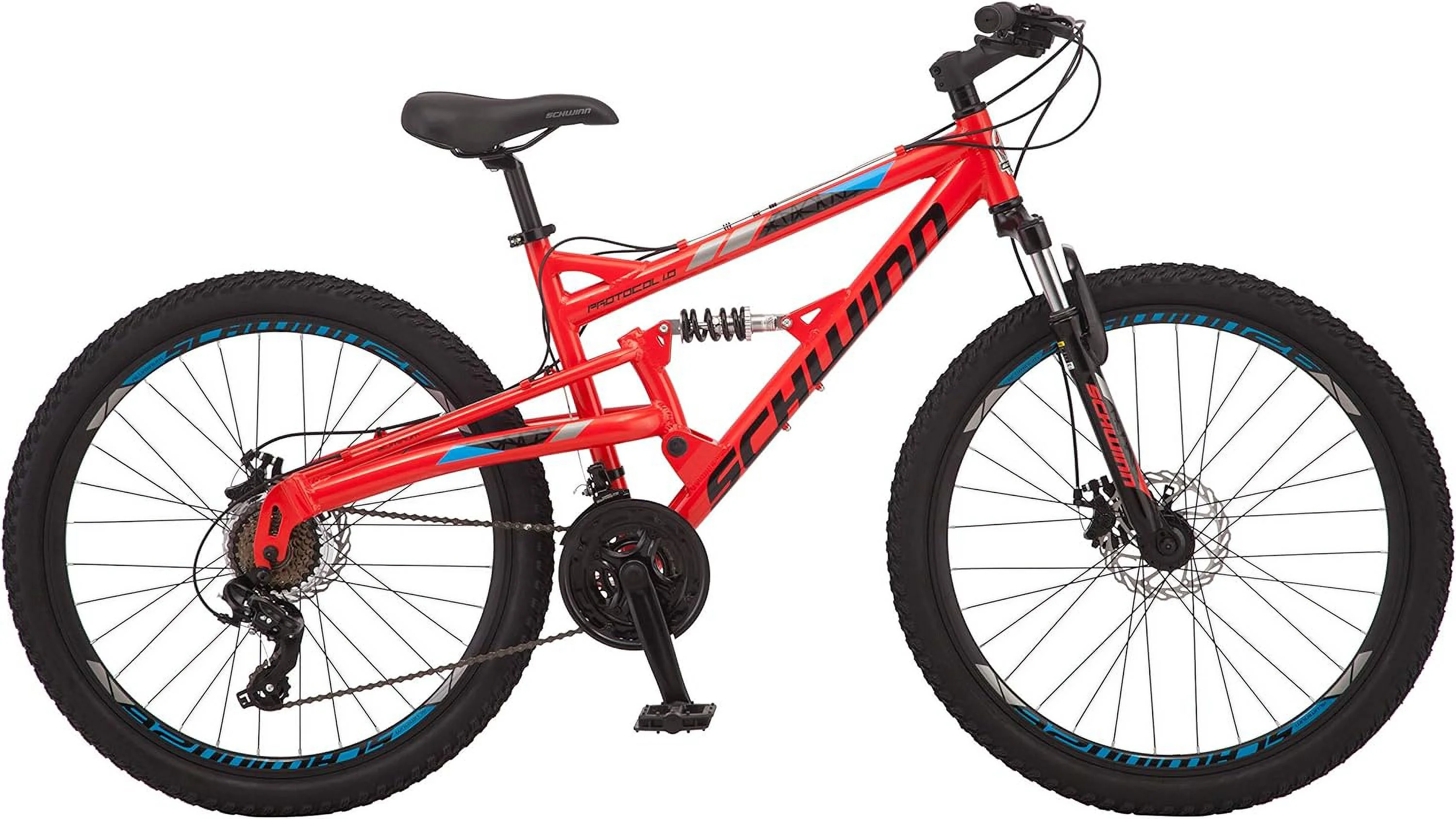 Schwinn Protocol 1.0 Men's and Women's Mountain Bike, 26 In. Wheels, 24-Speed Drivetrain, Lightweight Aluminum Frame, Full Suspension, Red/Blue - Womvr
