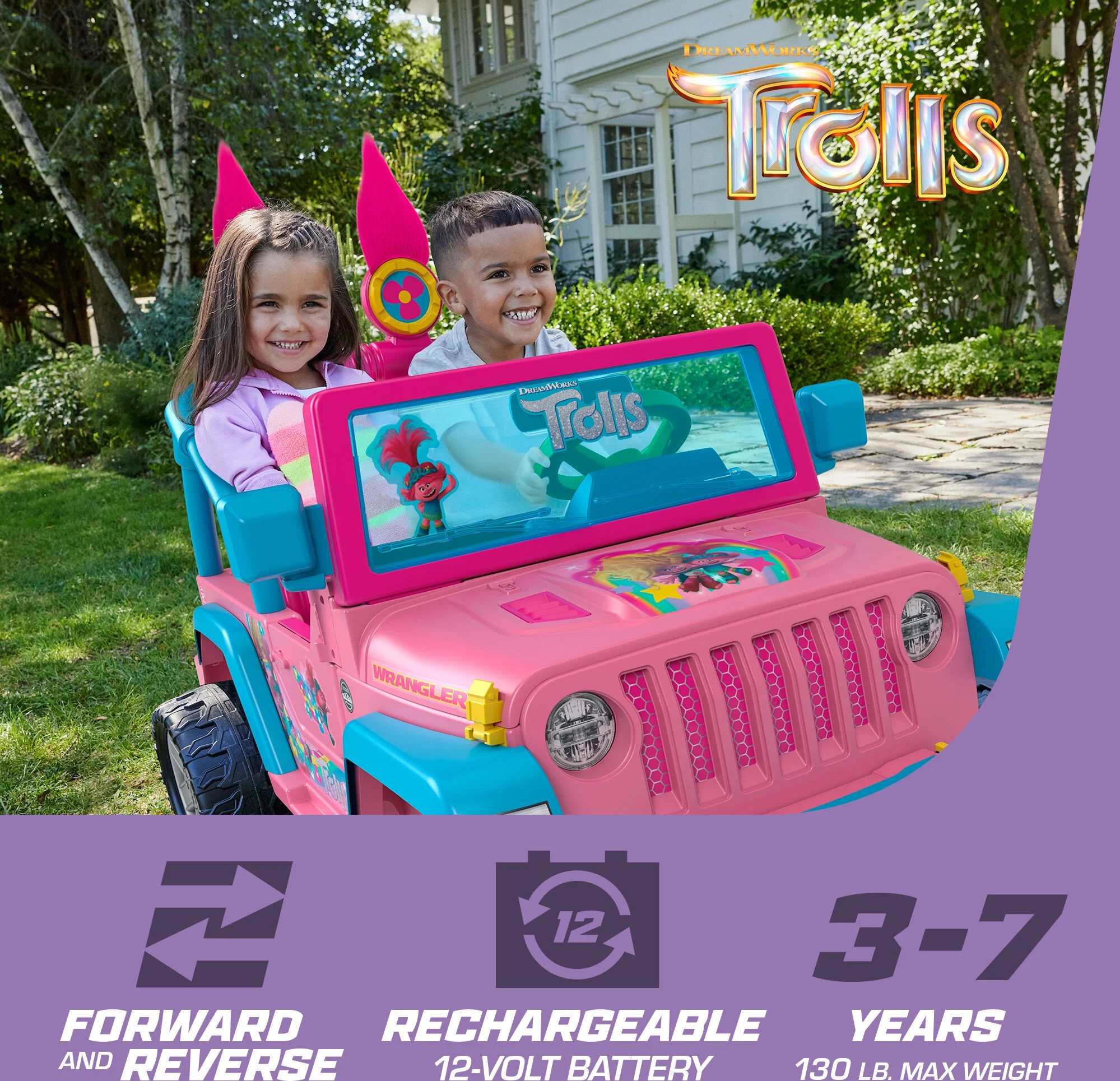 Power Wheels Trolls Band Together Jeep Wrangler Ride-On Toy Vehicle With Sounds - Womvr