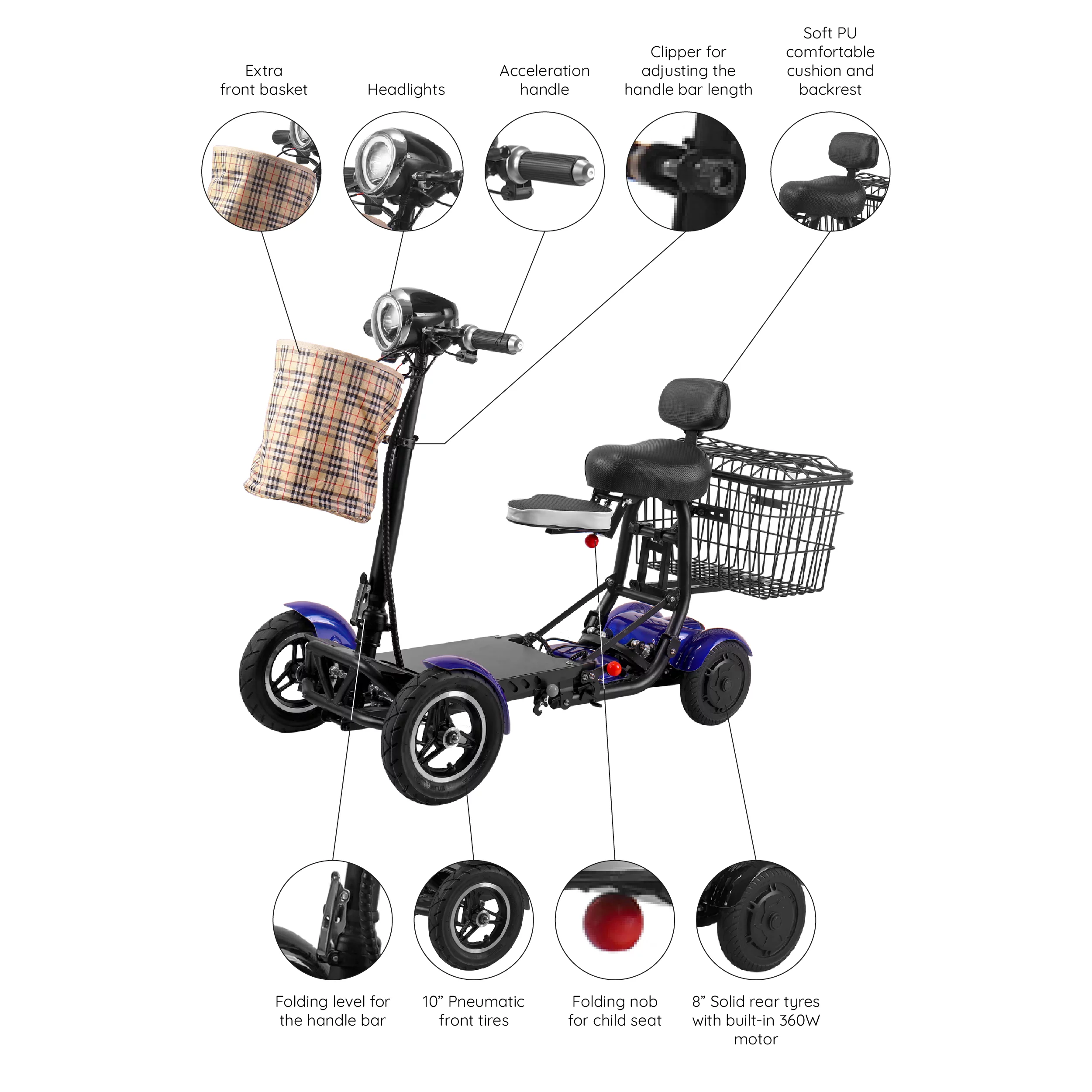 Smart Lightweight Electric Power Scooter, 4 Wheels Foldable Double Seats - Womvr