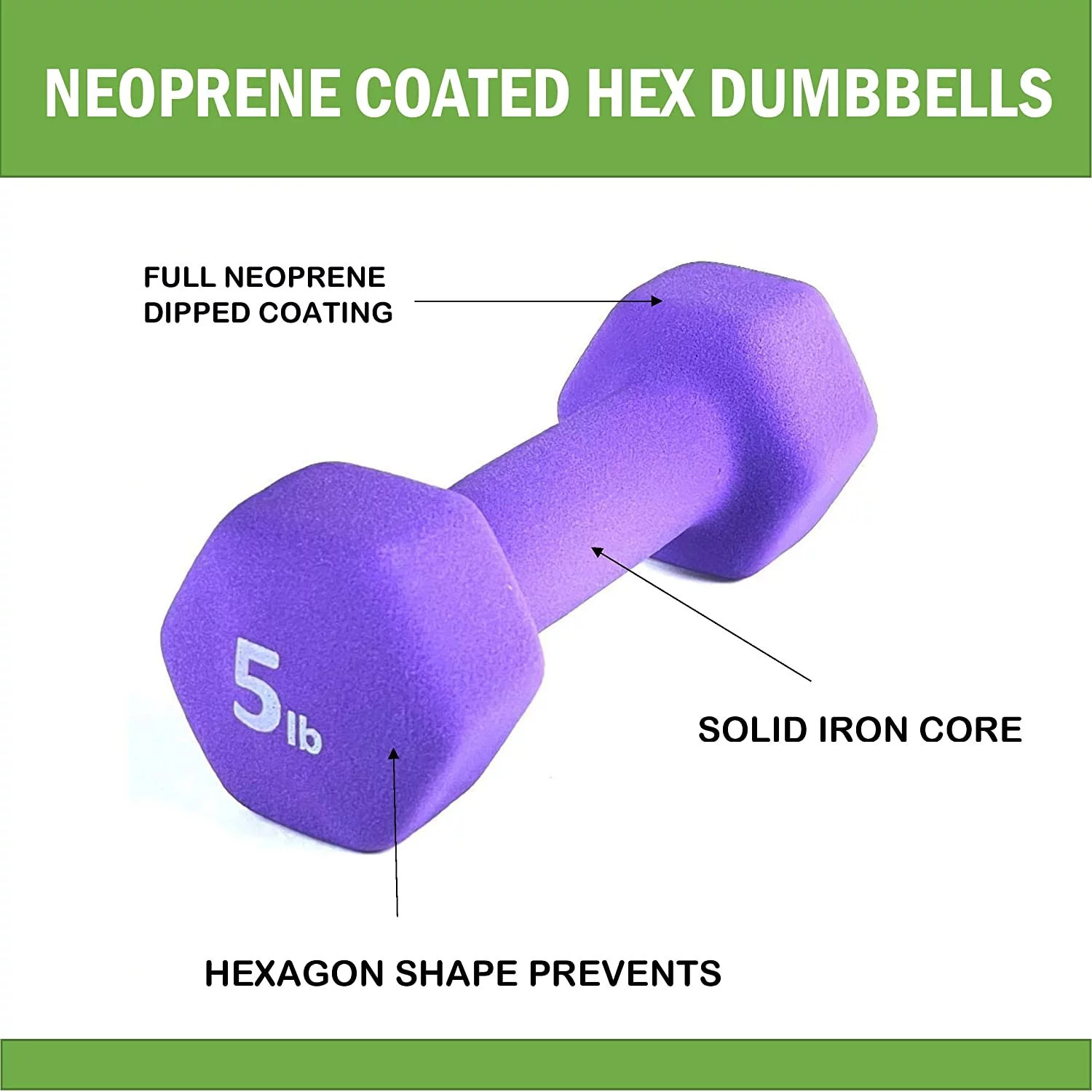 Rainforest Basics Neoprene 5 Lbs. Hex Dumbbells Hand Weights, Set of 2 - Womvr