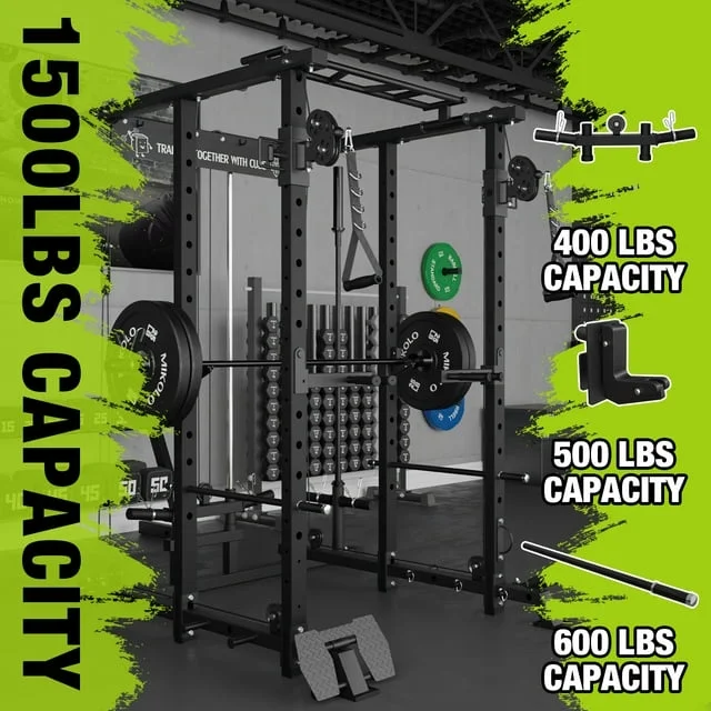 Mikolo Power Rack Cage, 1500 lbs Weight Rack with Cable Crossover Machine,Multi-Function Squat Rack with J Hooks,Dip Bars and Landmine for Home Gym (Black), Plate Loaded Machine - Womvr
