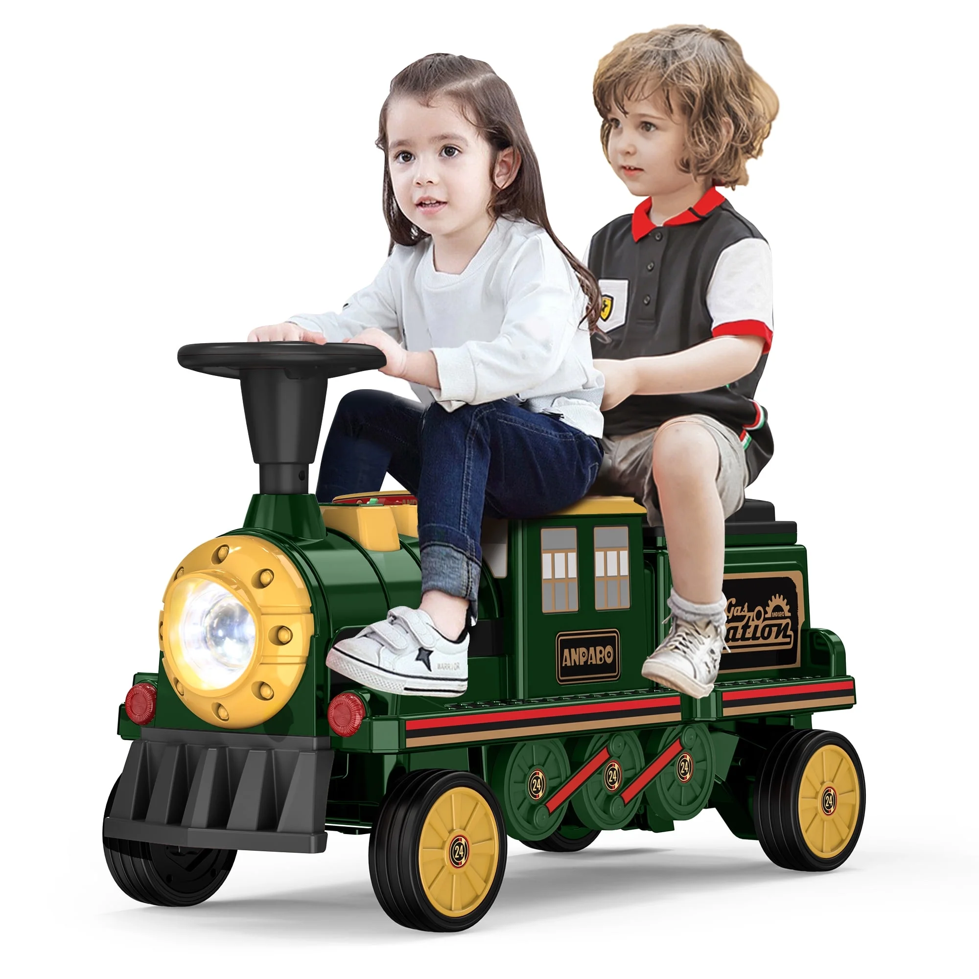 TOKTOO 12Volt 2 Seater Kids Ride on Train W/ Rubber Wheels, Storage Box, LED Headlight, Music Player-Black Red - Womvr