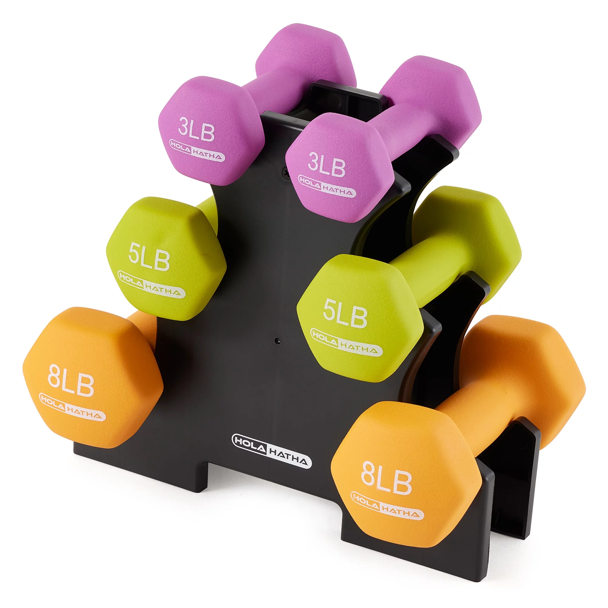 HolaHatha 3, 5, and 8 Pound Dumbbell Hand Weight Set with Storage Rack, Multi - Womvr