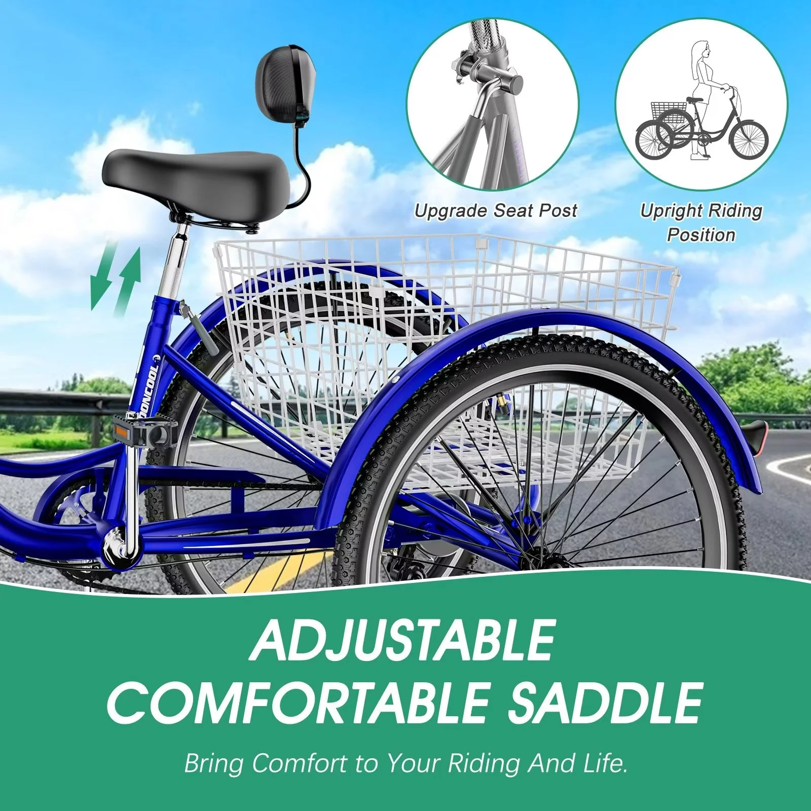 MOPHOTO Adult Tricycle for Seniors (Cyan, 26inch /7-Speed), Low Frame Three Wheel Bikes with Large Basket & Bell, 3 Wheel Cargo Bicycle, Safe and Durable Trike - Womvr
