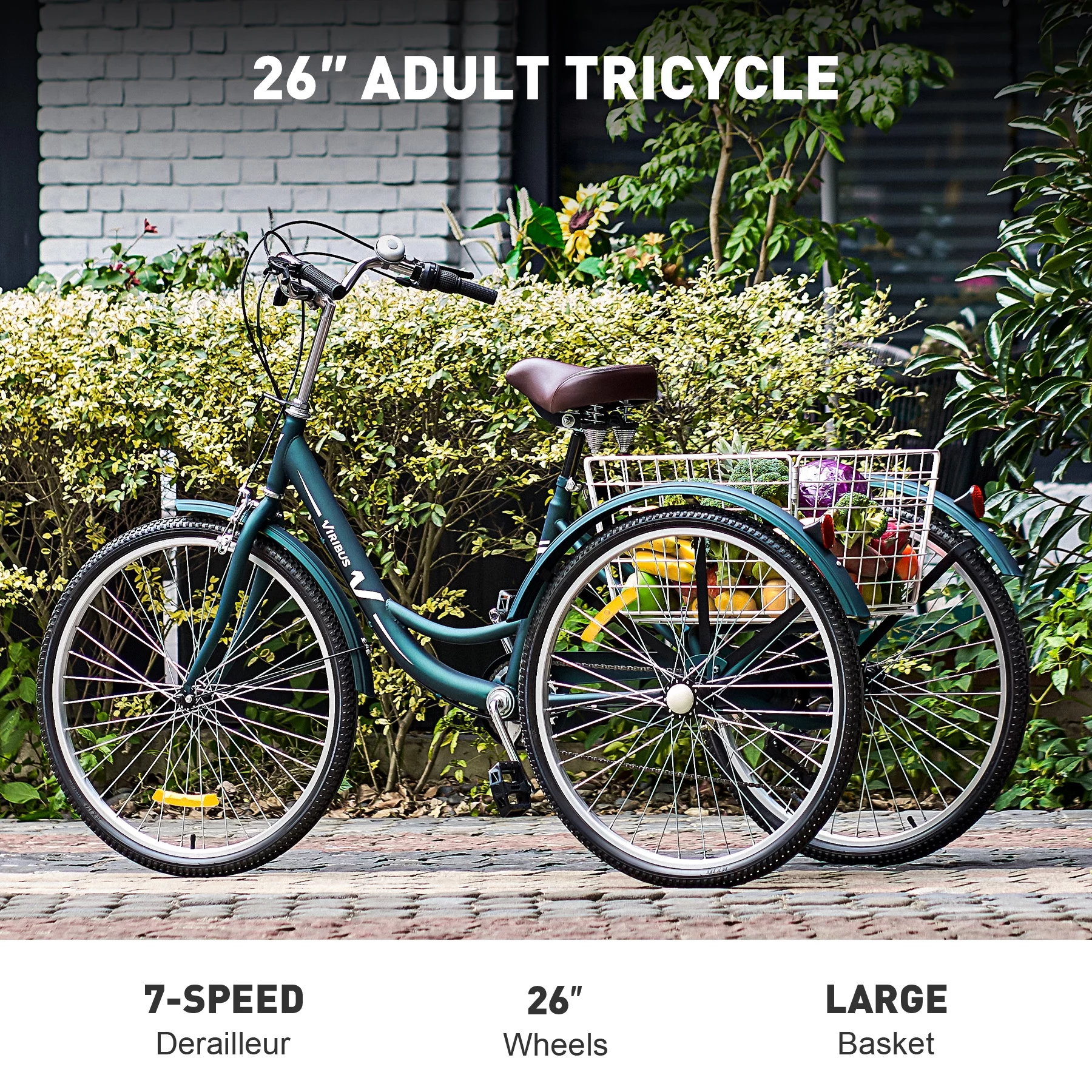 VIRIBUS 26 Inch Adult Tricycle 3 Wheel Bike with 7 Speeds & Basket for Men Women, Black - Womvr