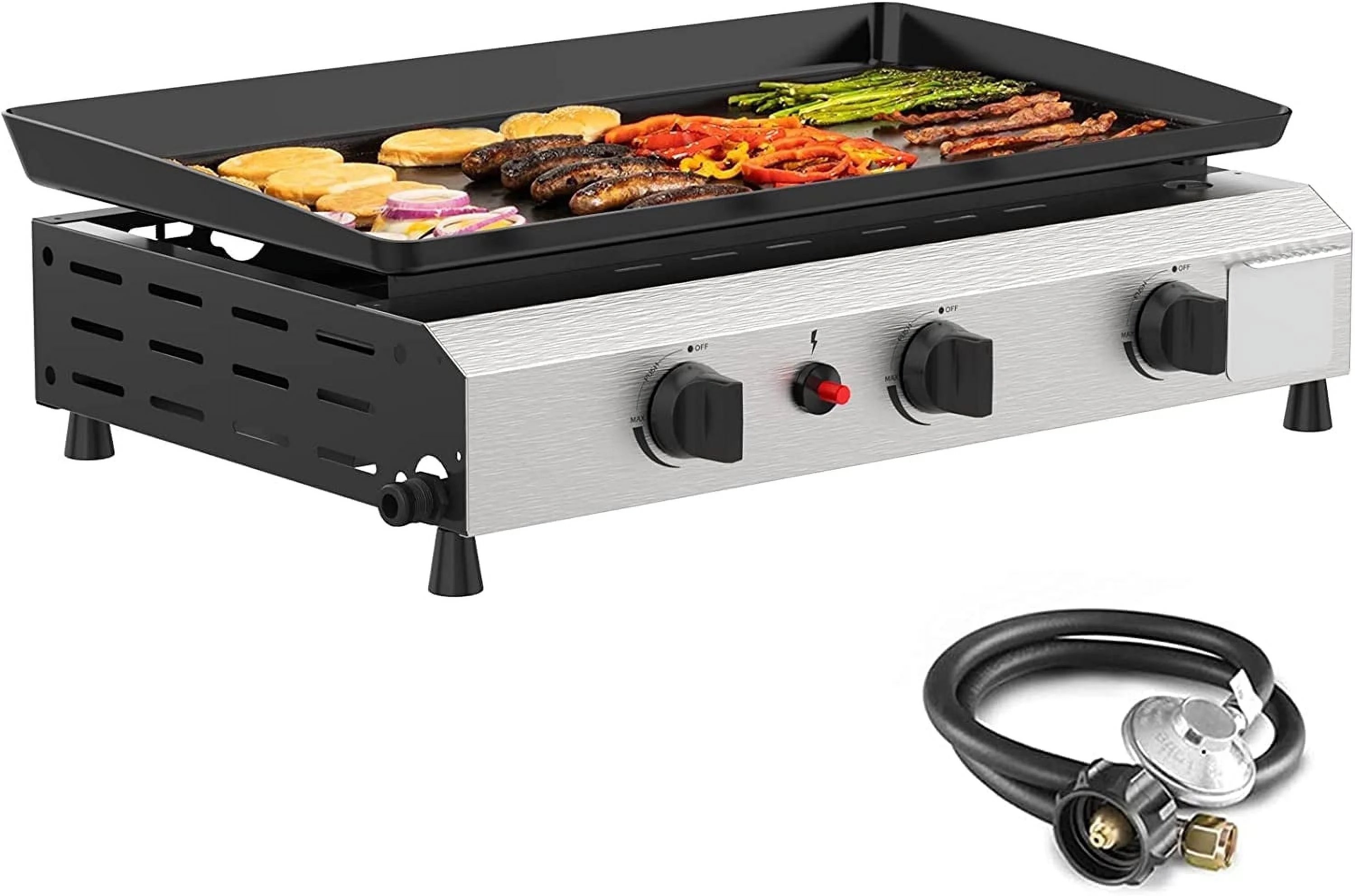 SKOK 3 Burner Gas Griddle-Outdoor Propane Griddle-BTU Propane Fuelled, Portable Flat Top Gas Grill Camping Griddle Station with Side Shelves for Kitchen - Womvr