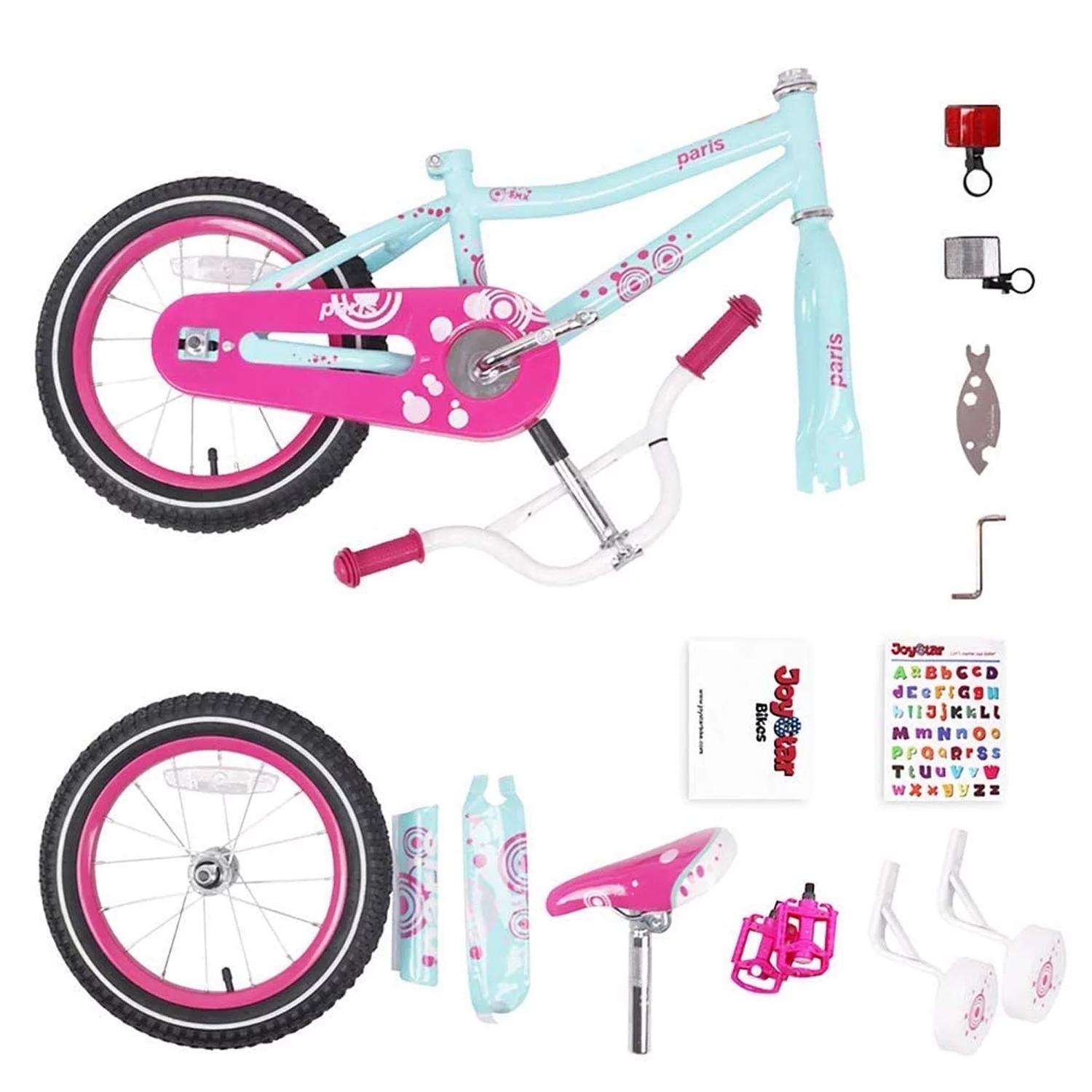 Joystar Paris 18 Inch Ages 5 to 9 Girls Training Wheel Kickstand Bike, Blue/Pink - Womvr