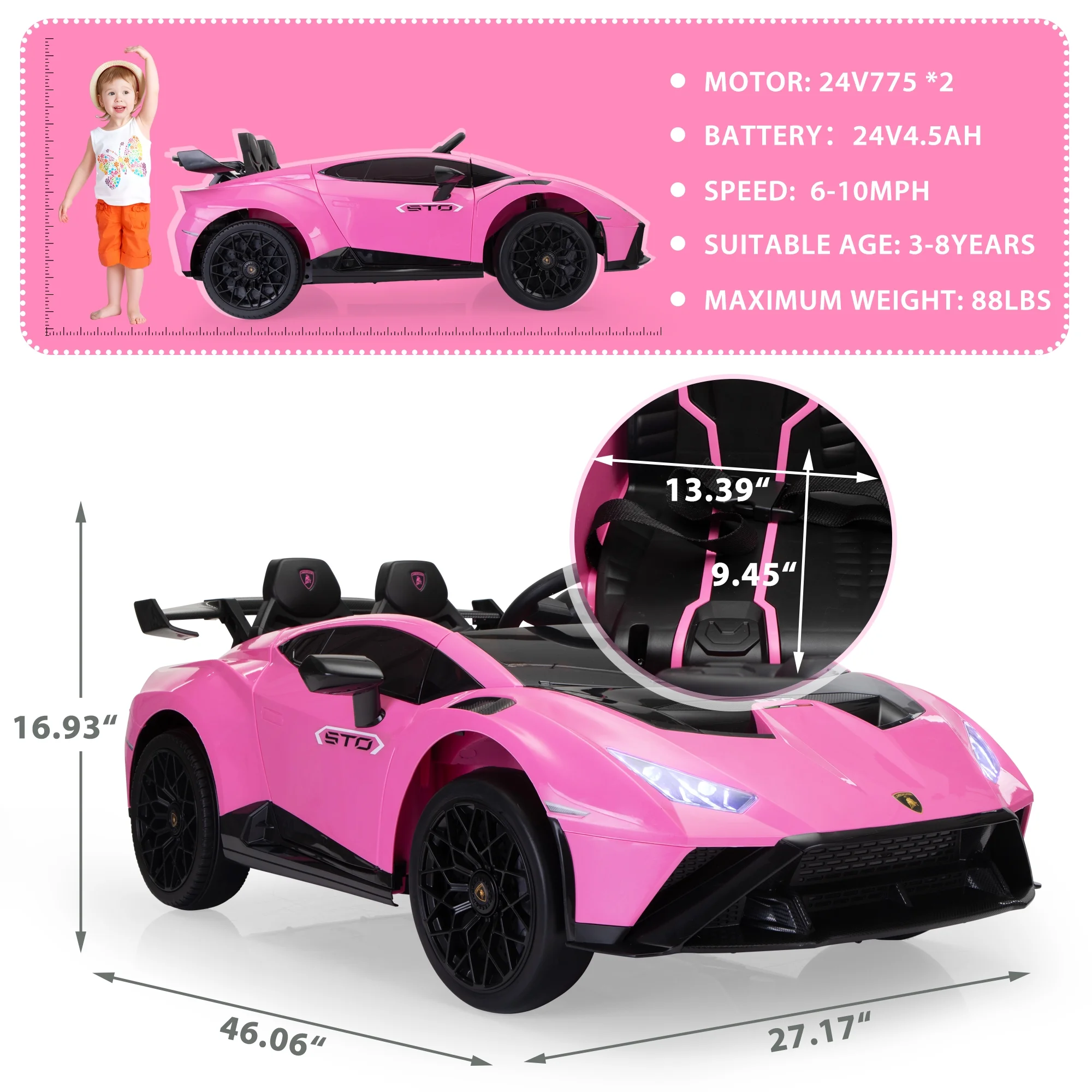 TOBBI 24V Lamborghini STO Licensed Kids Ride on Drift Car Gray Electric Car W/Remote Control LED Lights, up to 10 mph - Womvr