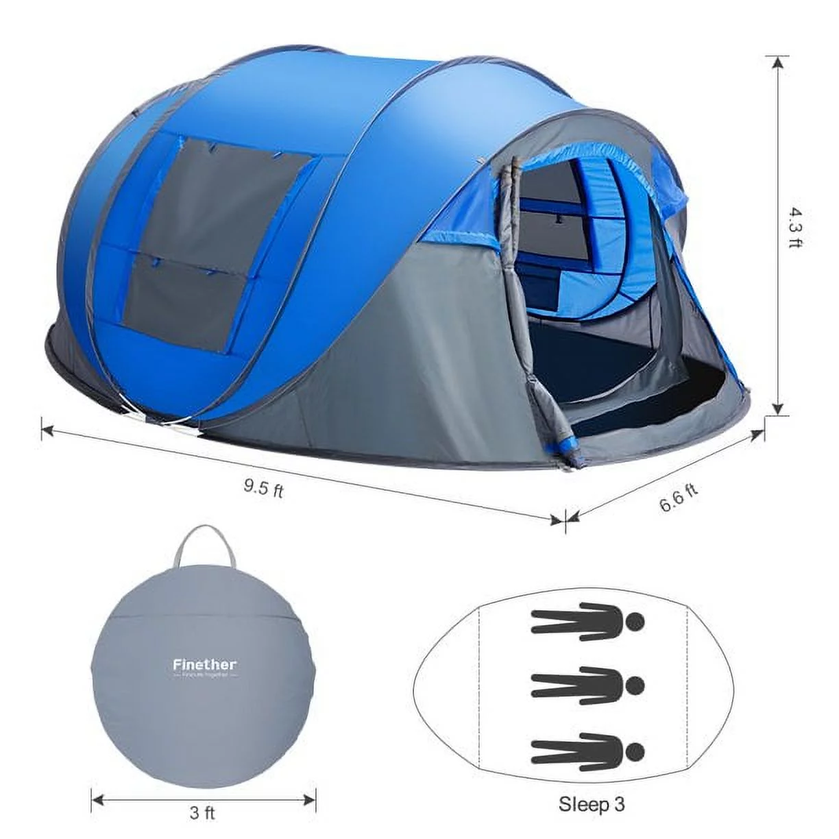 4 Person Easy Pop up Tent Waterproof Automatic Setup 2 Doors-Instant Family Tents for Camping Hiking & Traveling - Womvr