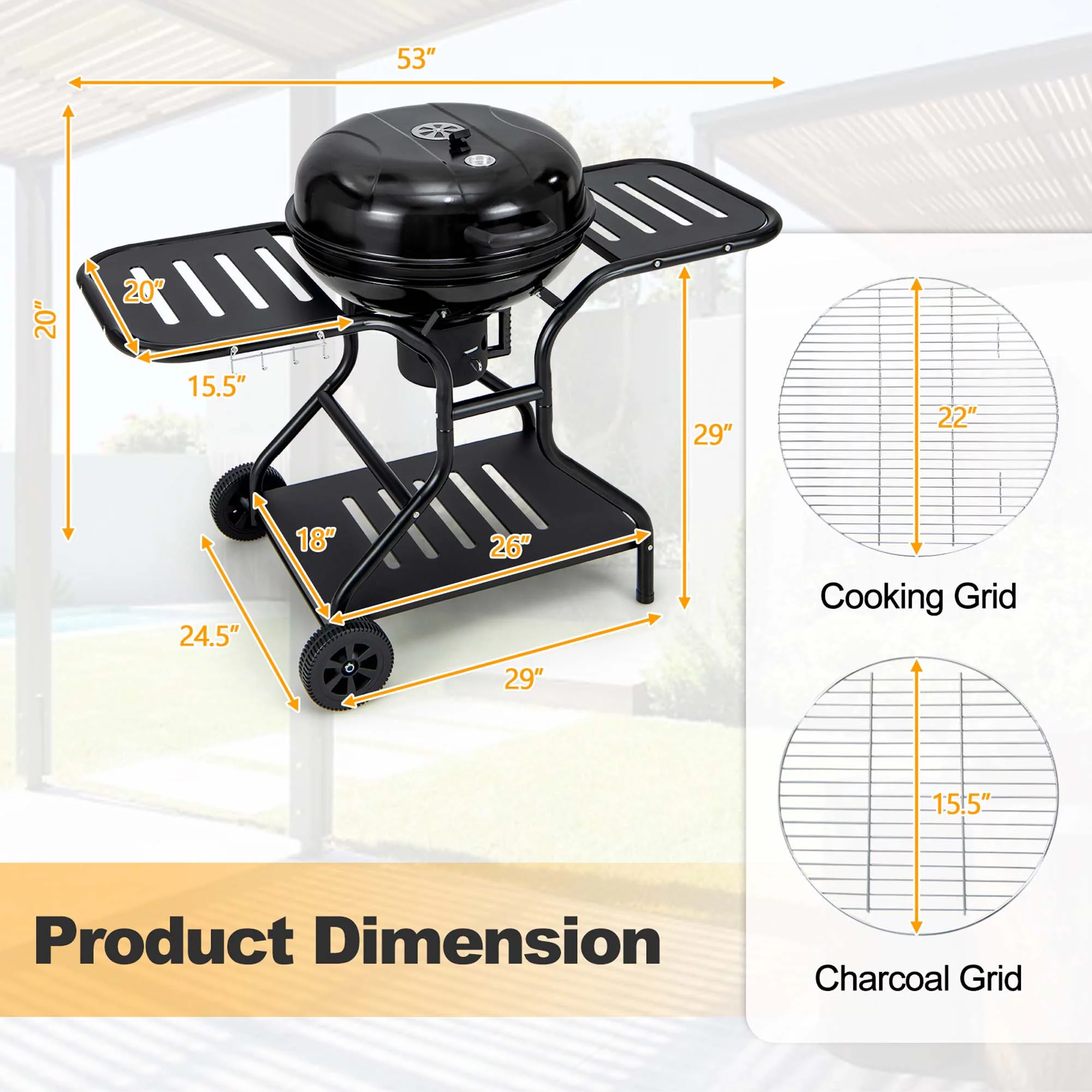 Costway 22 inch Charcoal BBQ Grill with Built-In Thermometer Wheels Side & Bottom Shelves - Womvr