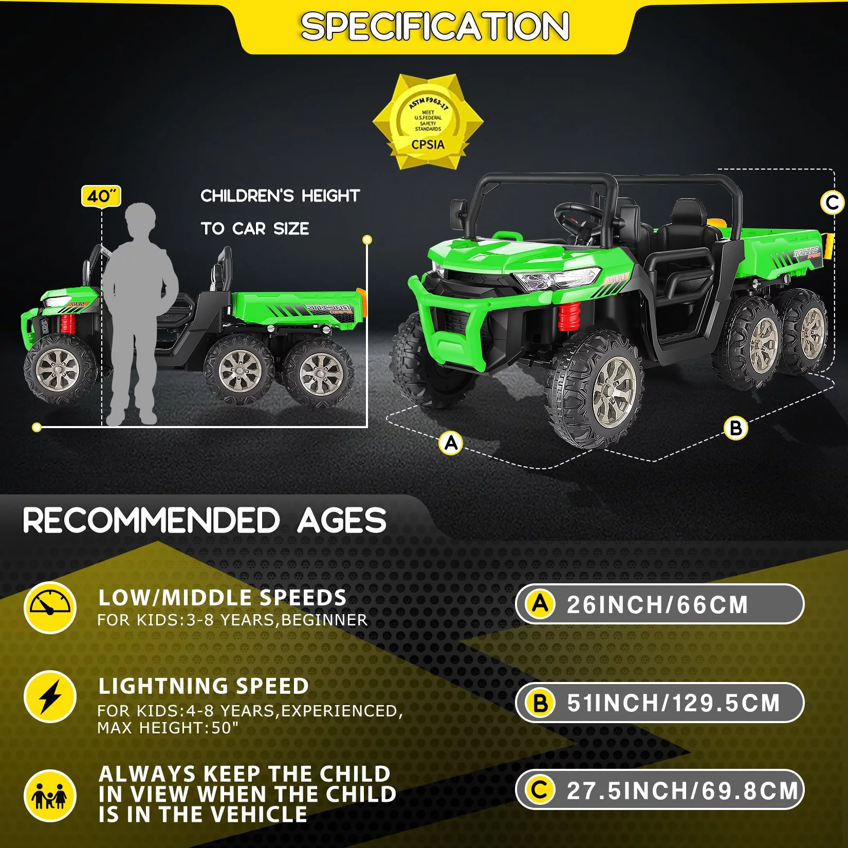 Funcid 24 V 4WD Kids Kids Ride on UTV with Remote Control, 2 Seater 6-Wheel Ride on Dump Truck Car, Ride on Toys w/ Tipping Bucket Trailer & Shovel,Bluetooth Music, Black - Womvr