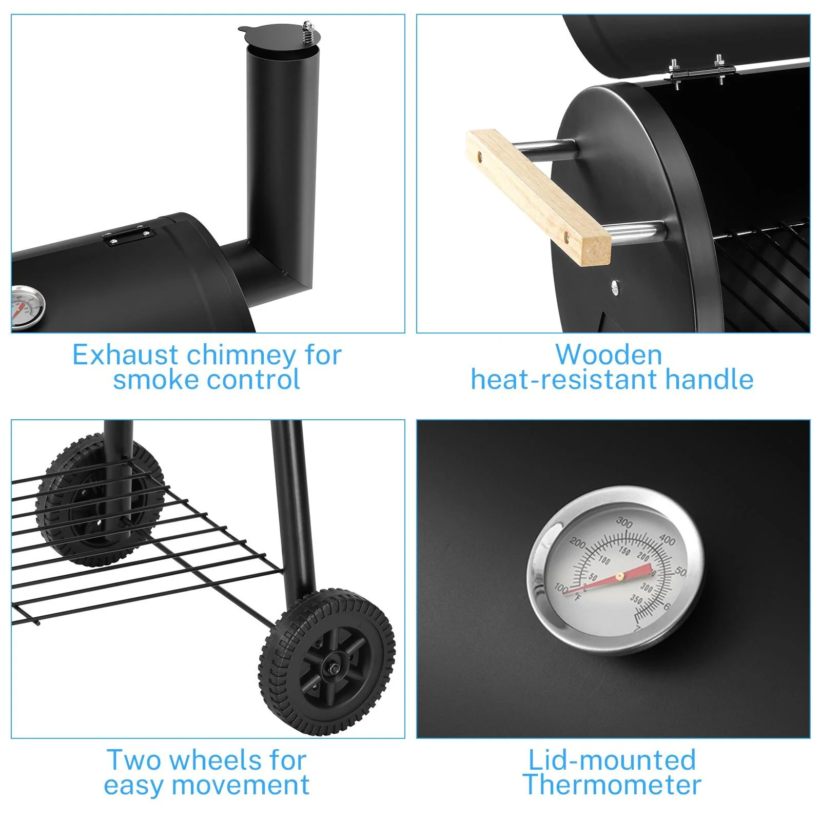 BBQ Charcoal Grill, 45.28-Inch Length Portable Barbecue Grill, Offset Smoker Barbecue Oven with Wheels & Thermometer for Outdoor Picnic Camping Patio Backyard, B026 - Womvr