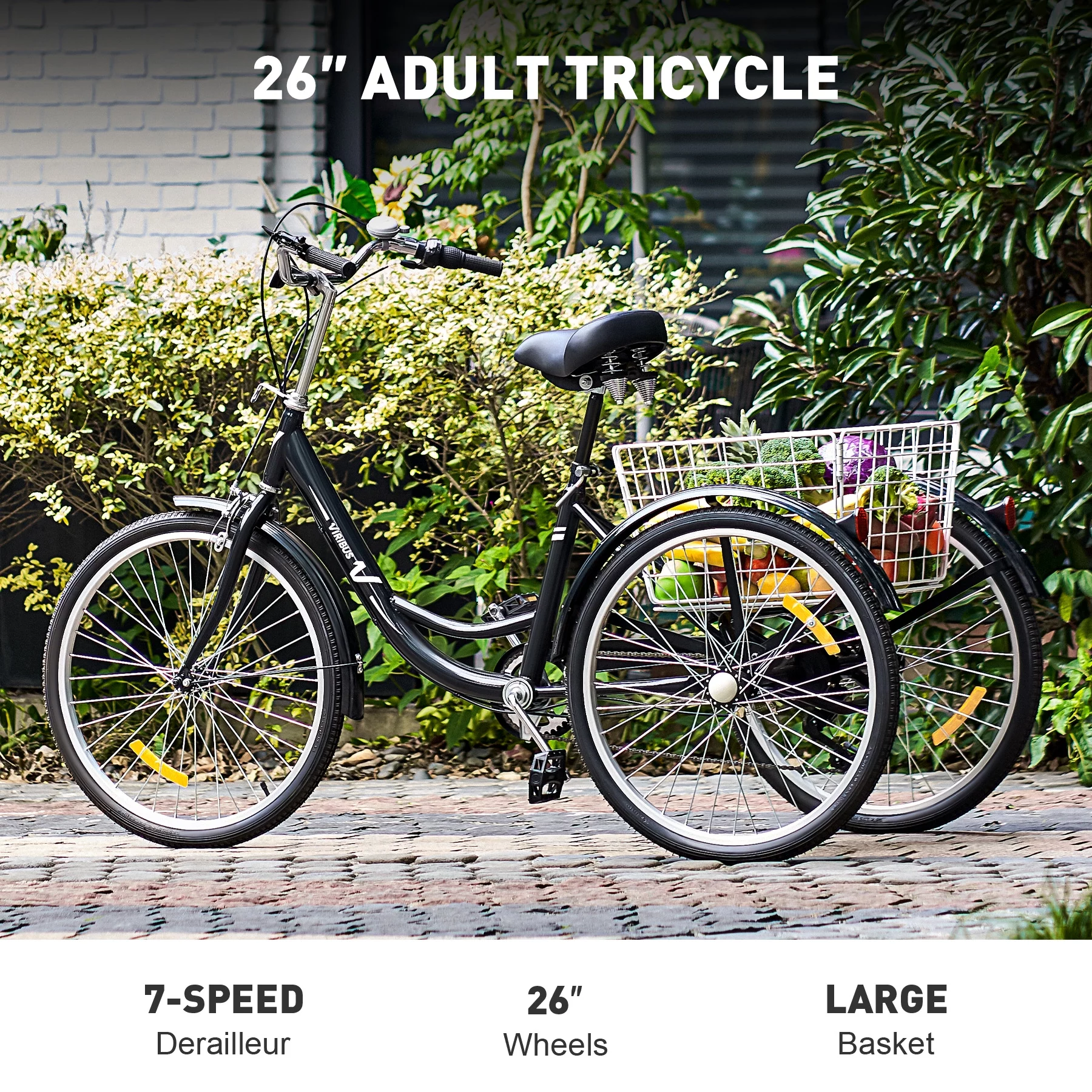 VIRIBUS 26 Inch Adult Tricycle 3 Wheel Bike with 7 Speeds & Basket for Men Women, Black - Womvr
