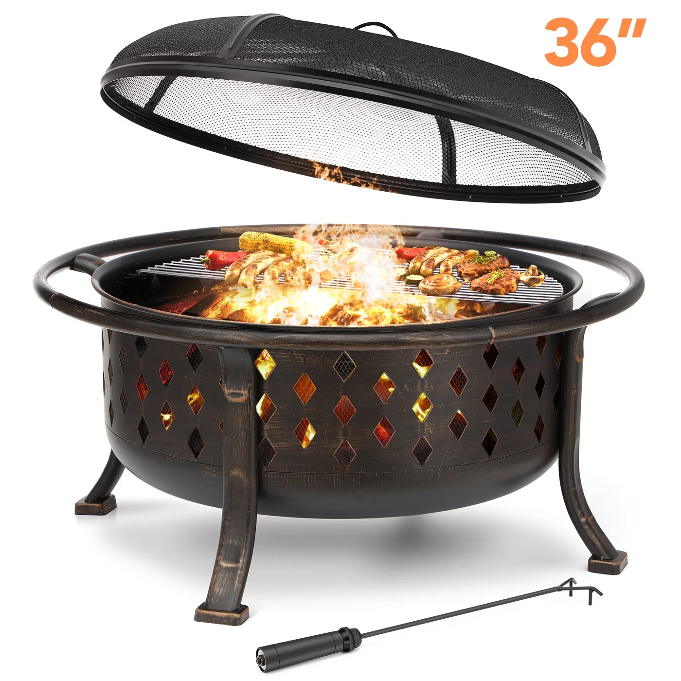 Singlyfire 36 inch Fire Pit for Outside Wood Burning Fire Pit Large Deep Fire Bowl for Camping Picnic Bonfire Patio Outside Backyard Garden Bonfire Pit with Cooking Grill Grate Spark Screen Log Grate - Womvr