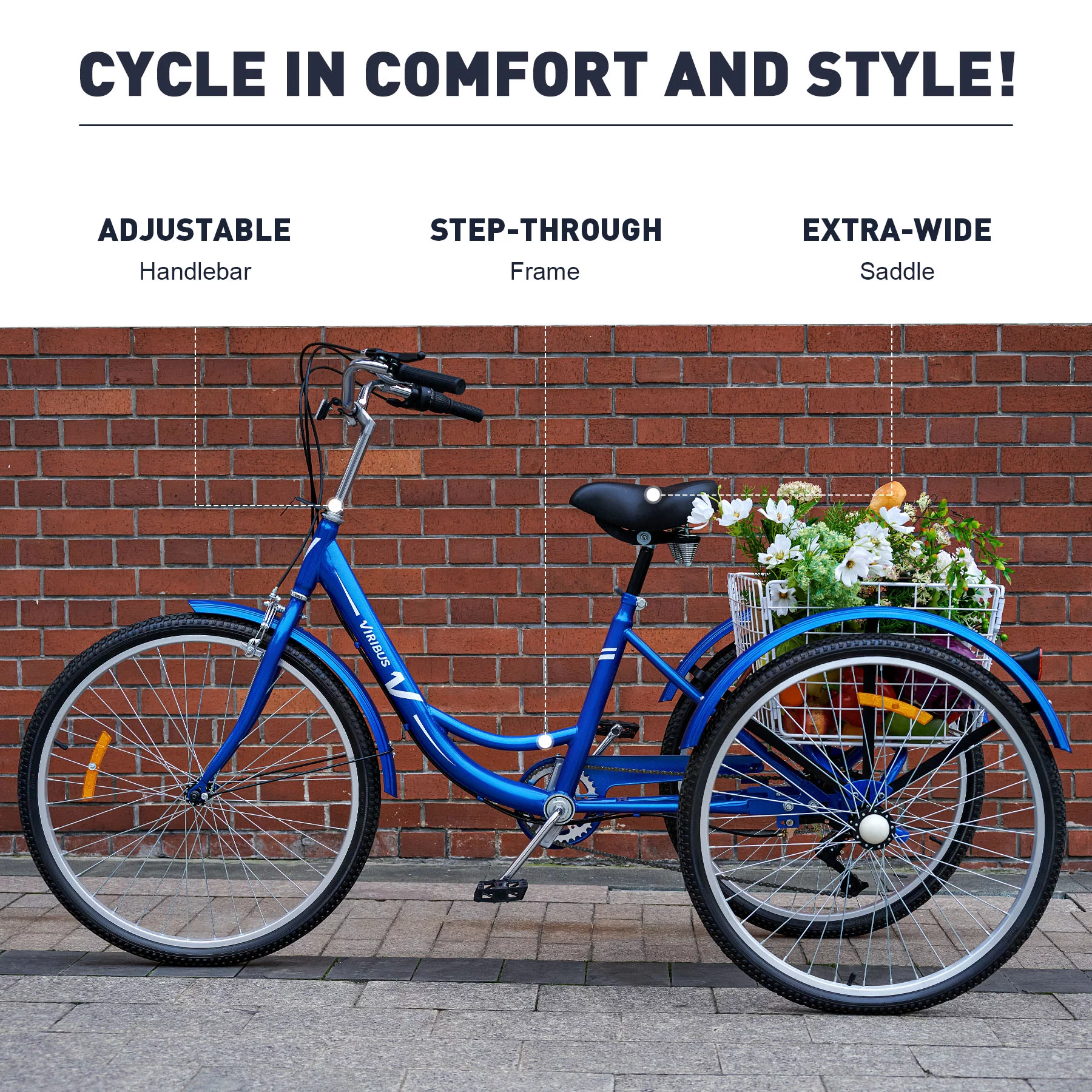 VIRIBUS 26 Inch Adult Tricycle 3 Wheel Bike with 7 Speeds & Basket for Men Women, Black - Womvr