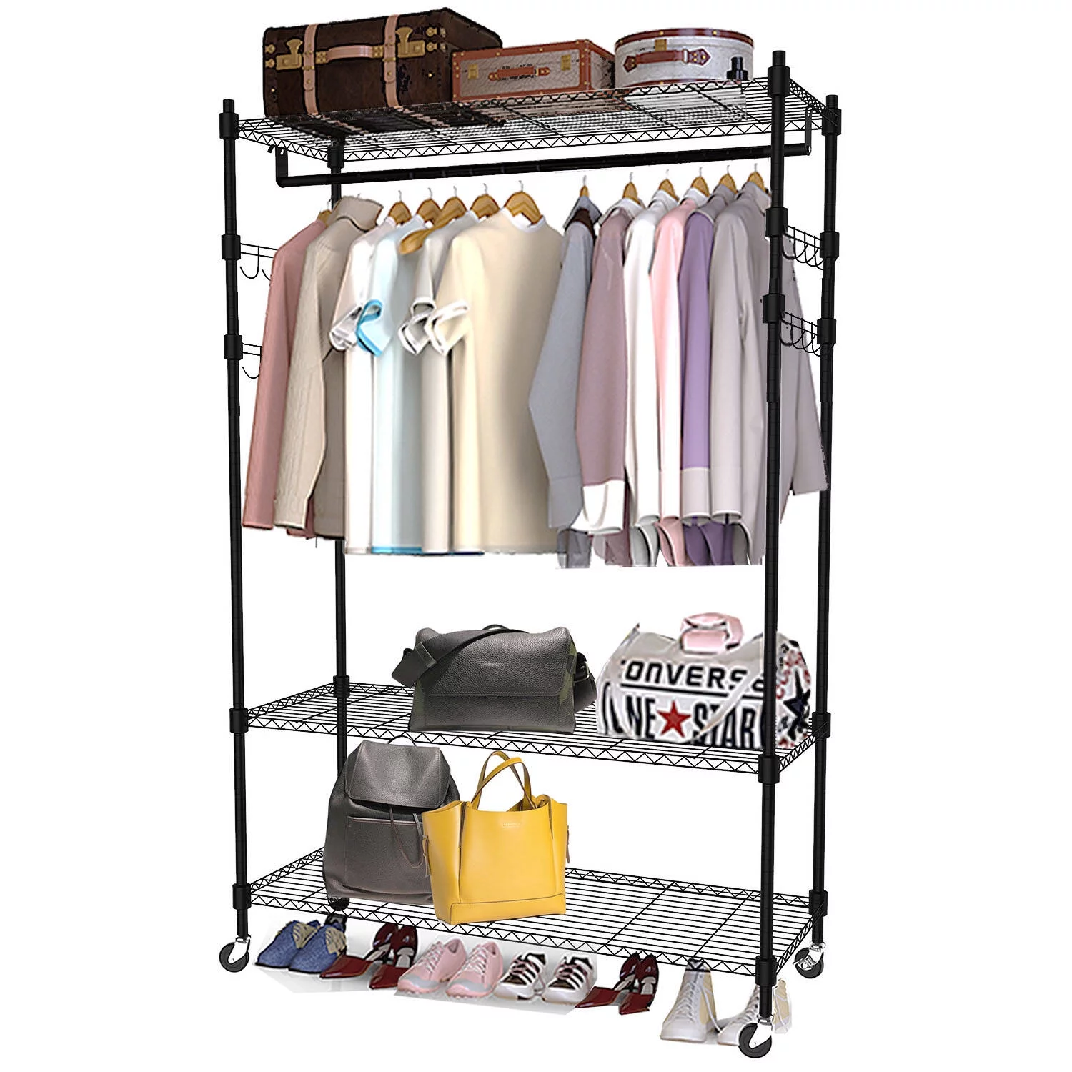 420 lbs Clothes Rack Heavy Duty Clothing Garment Rack Adjustable Rolling Portable Closet with Shelves V frame. Freestanding Wardrobe Rack (Black. 1Rod 4Hook) - Womvr