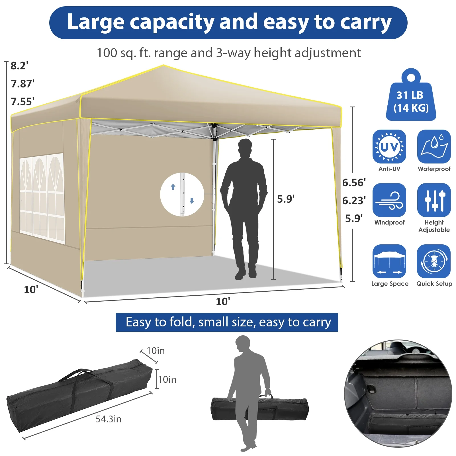 SANOPY 10' x 10' Pop up Canopy, UV and Rain Resistant Canopy Shelter with 4 Removable Sidewalls and Sandbags, Outdoor Canopy with Carry Bag for Grass, Beach and Camping - Womvr