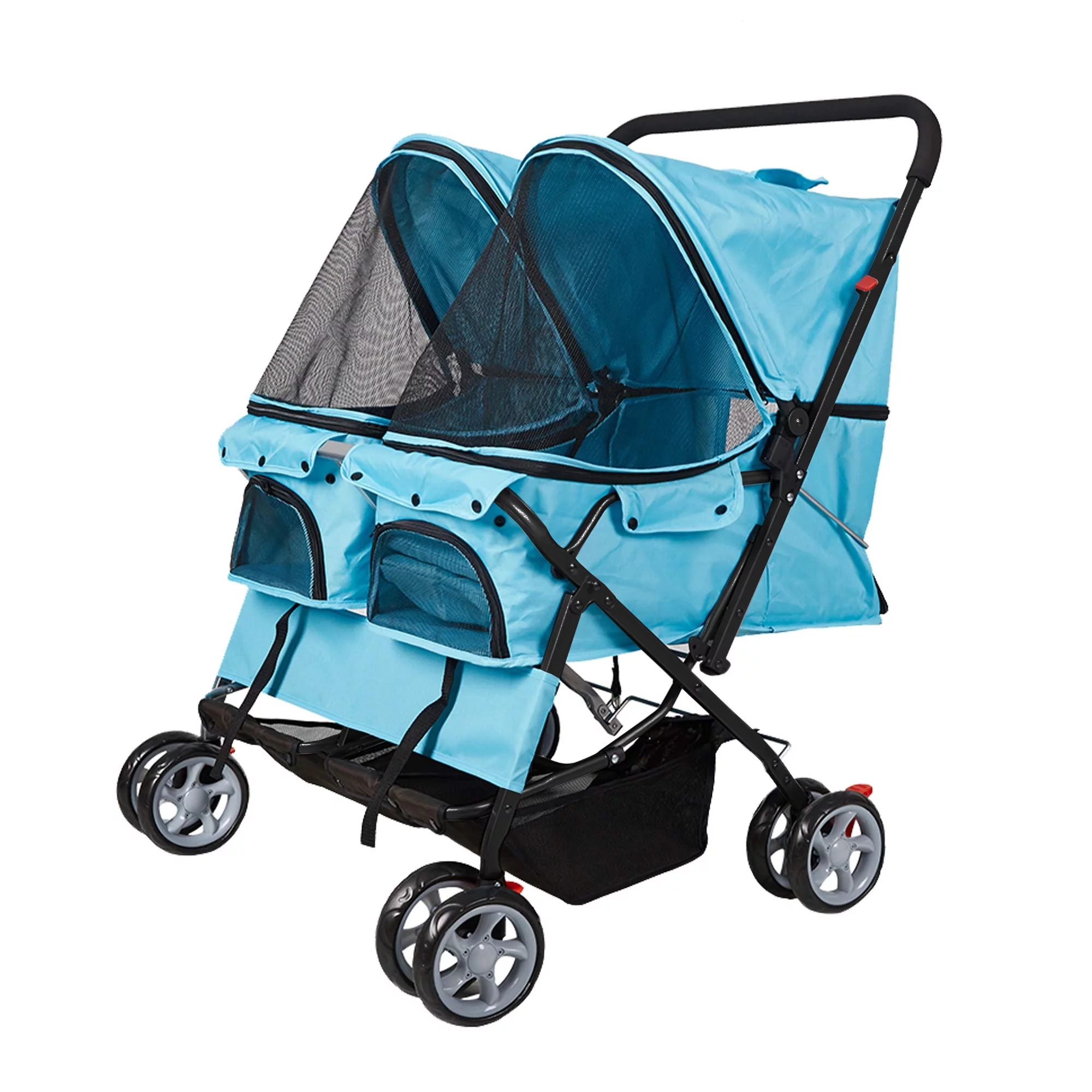 Karmas Product Double Pet Stroller Foldable Doggy Stroller Two-Seater Carrier Strolling Cart for Dog Cat, Blue - Womvr