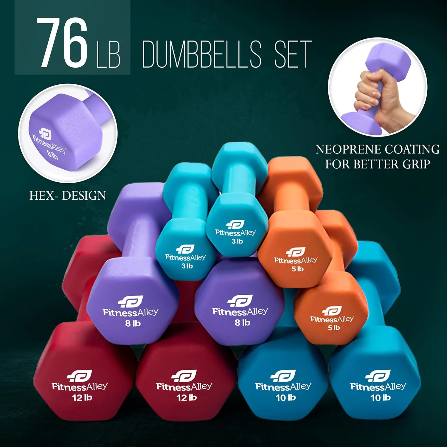 Fitness Alley Neoprene Workout Dumbbells - Non Slip, Anti Roll Exercise & Fitness Dumbbells Combo - Hex Shaped Hand weights for Men & Women(2, 4, 6, 8, & 10lb Dumbbells) - Womvr