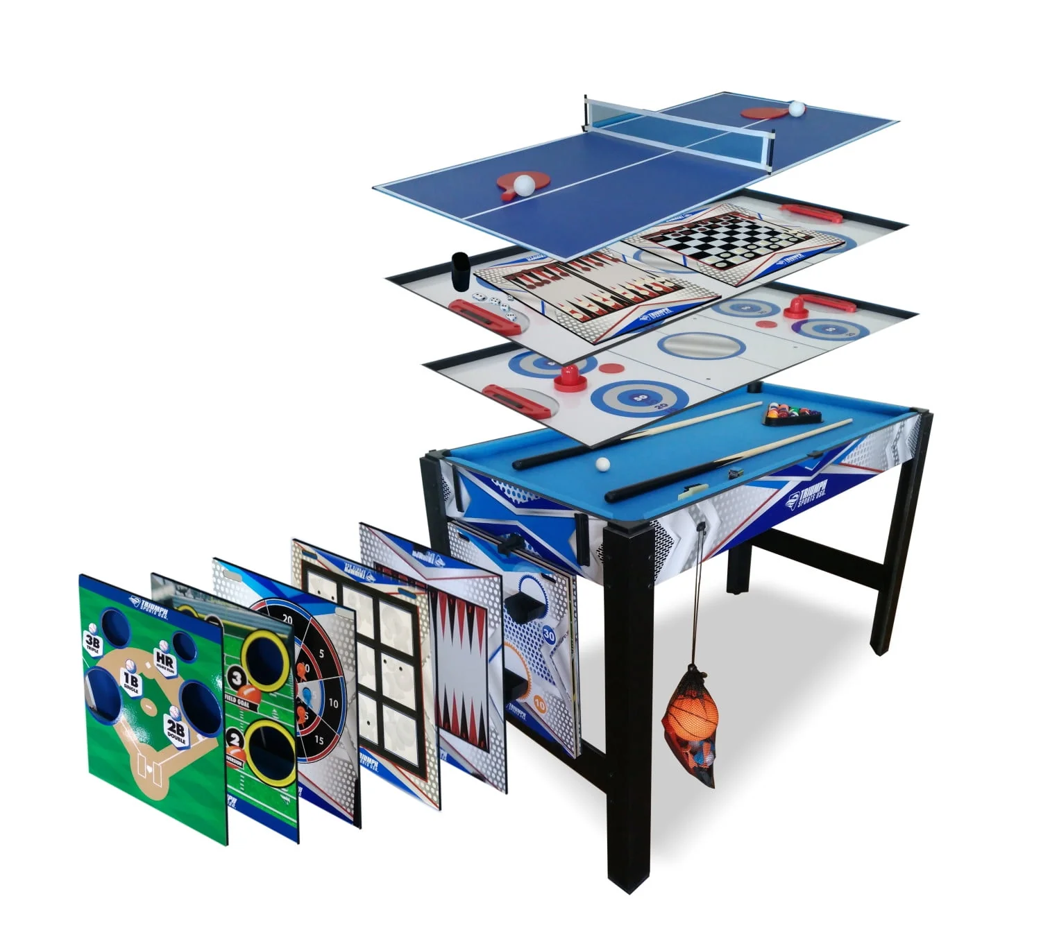 Triumph 13-in-1 Combo Game Table Includes Basketball, Table Tennis, Billiards, Push Hockey, Launch Football, Baseball, Tic-Tac-Toe, and Skee Bean Bag Toss - Womvr