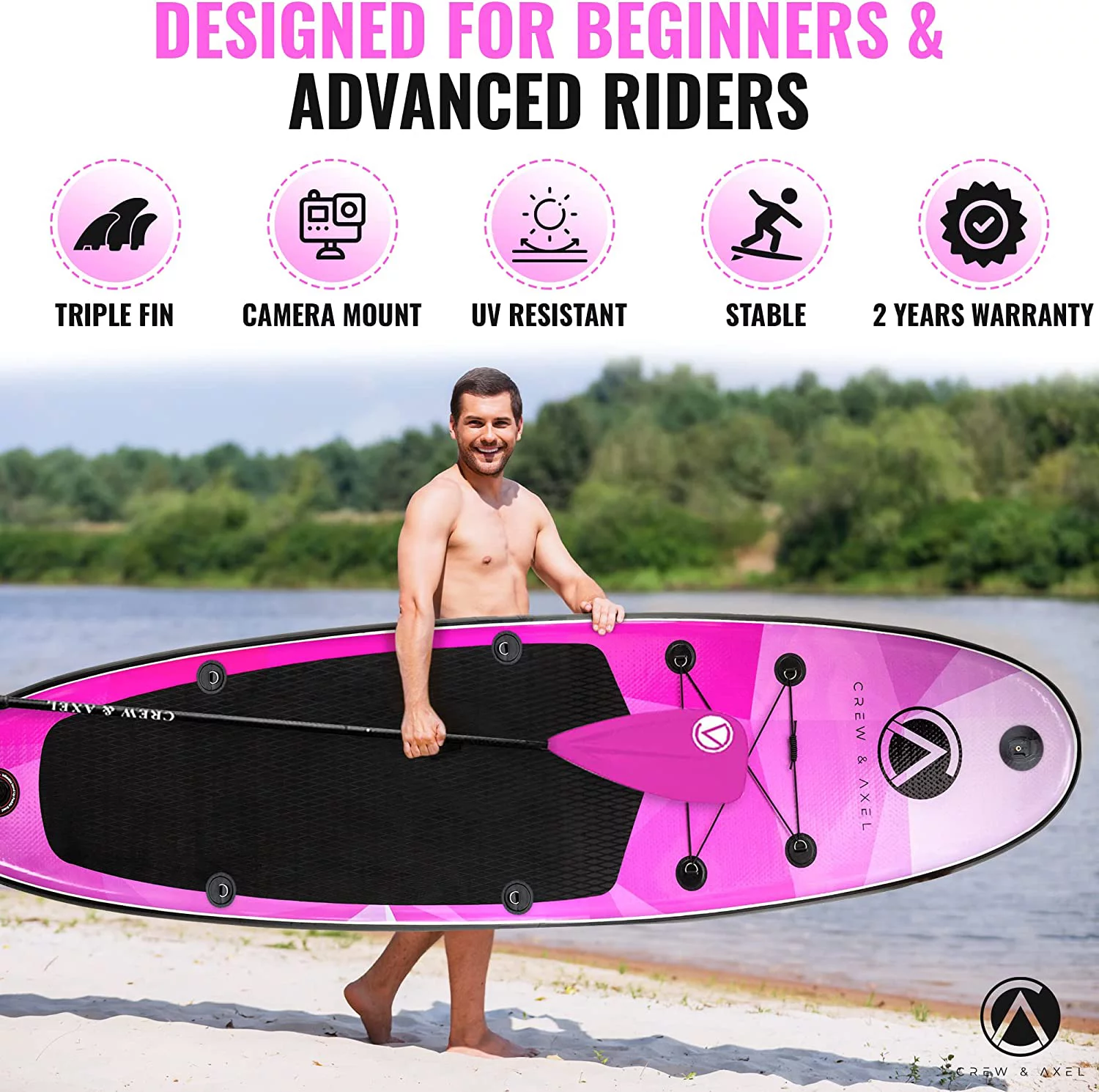 Crew Axel Inflatable Paddle Board 10'33'6” (18lb) SUP Kit Includes Paddle Pump Bag Shiny Pink - Womvr