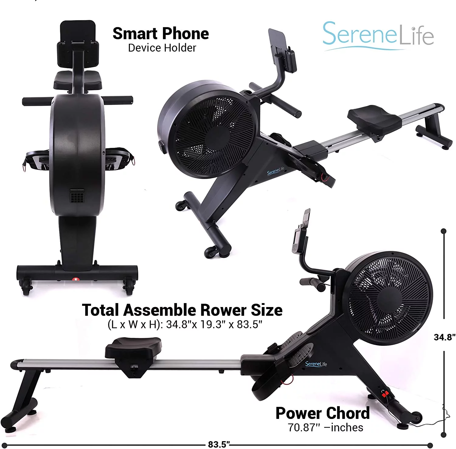 SereneLife Smart Rowing Machine W/ Smartphone Fitness Monitoring App-Row Machine, (Black) - Womvr