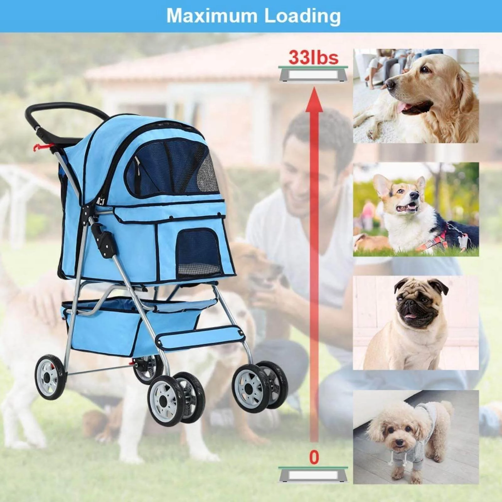 4 Wheels Pet Stroller Foldable Dog Stroller Cat Stroller with Storage Basket & Removable Liner, Travel Lite Foldable Carrier Strolling Cart for Dogs Cats, Black - Womvr