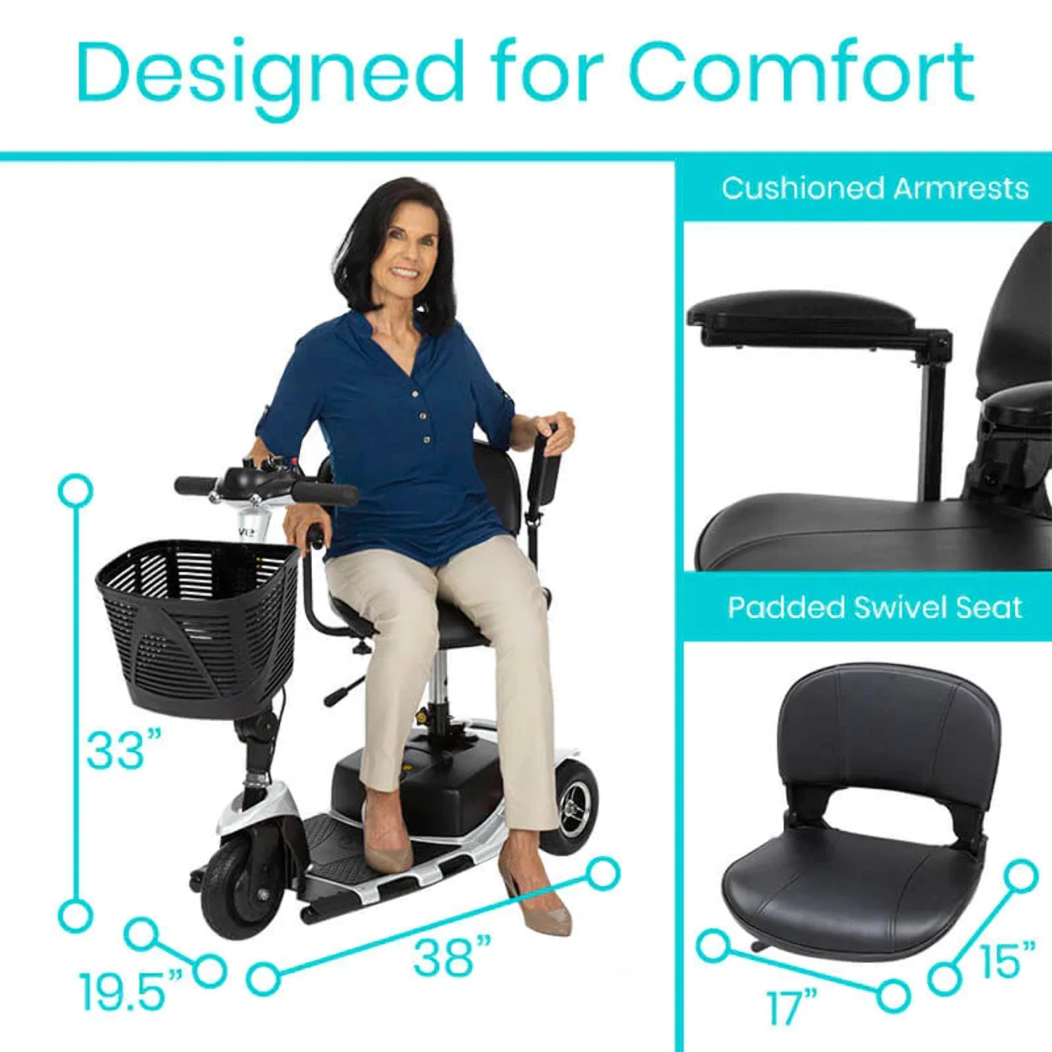 Vive 3-Wheel Mobility Scooter, Electric Powered Wheelchair For Travel - Electrical Medical Cart - Womvr