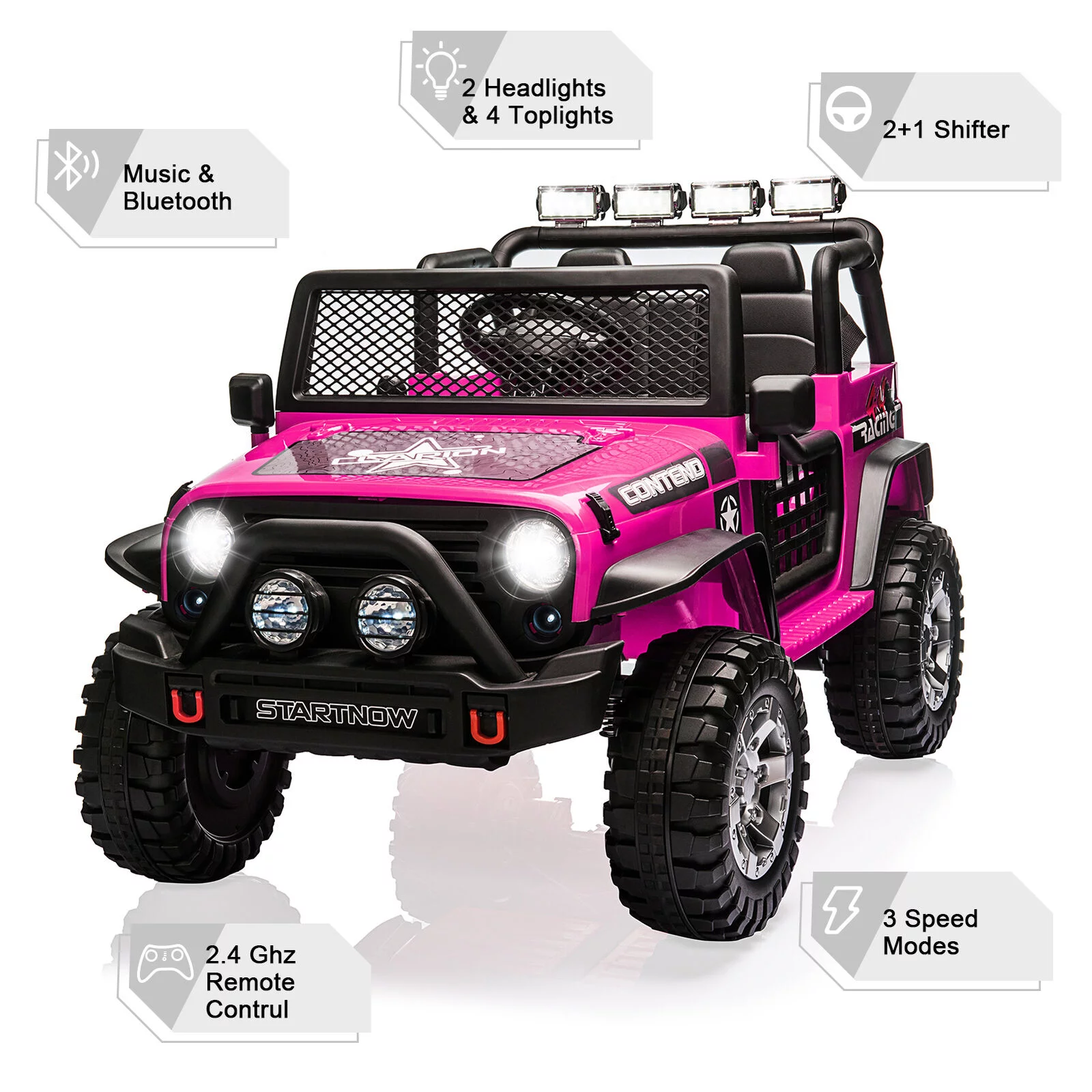 PWFE 12 Volt Kids Electric Car Kids Ride On Car with Remote Control, 2 Seats Kids Jeep with LED Lights, Wheels Suspension, Music, Horn, 110lbs Load(Pink) - Womvr