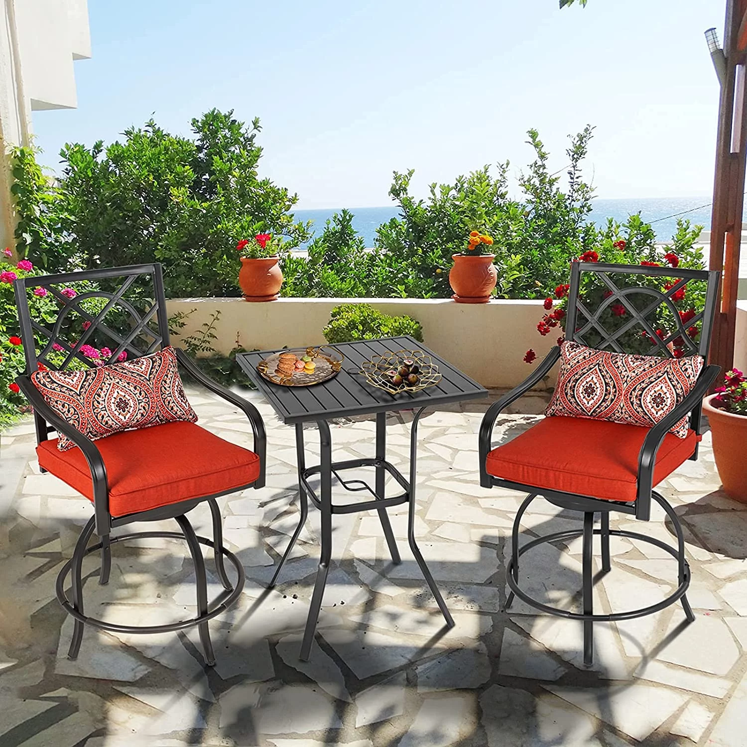SOLAURA 3 Pieces Outdoor Patio Bar Height Bistro Set with Metal Swivel Bar Stools and Height Table, Black - Womvr
