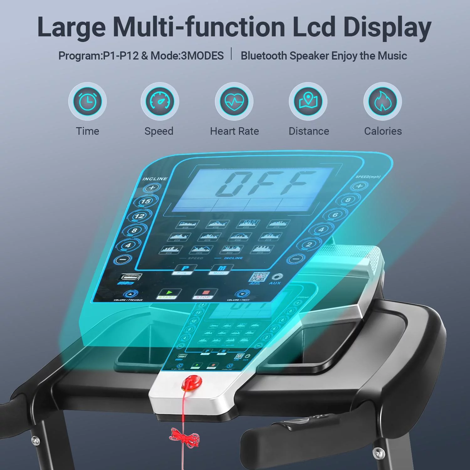 Tikmboex 15-Level  Auto Incline Treadmill with Bluetooth Speaker and LCD Dispaly, Electric Smart Control Running Machine for Exercise, Blue Black - Womvr