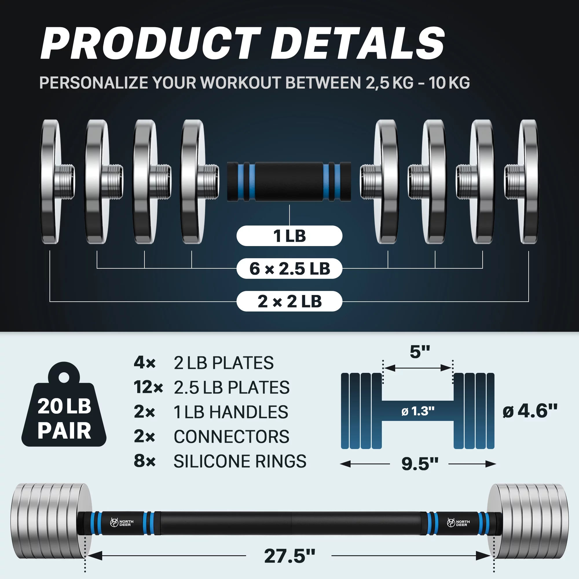 Northdeer 2.0 Upgraded Adjustable Dumbbell Set, 40Lbs Adjustable Weight Set with Connector, 2 in 1 Steel Dumbbell Barbell Set, Home Gym Workout Hand Weights for Women and Men, Sliver - Womvr