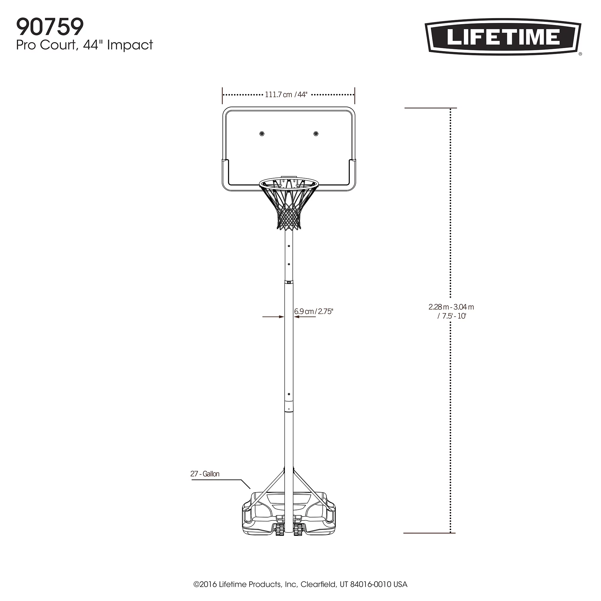 Lifetime Adjustable Portable Basketball Hoop, 44 inch HDPE Plastic Impact® (90759) - Womvr