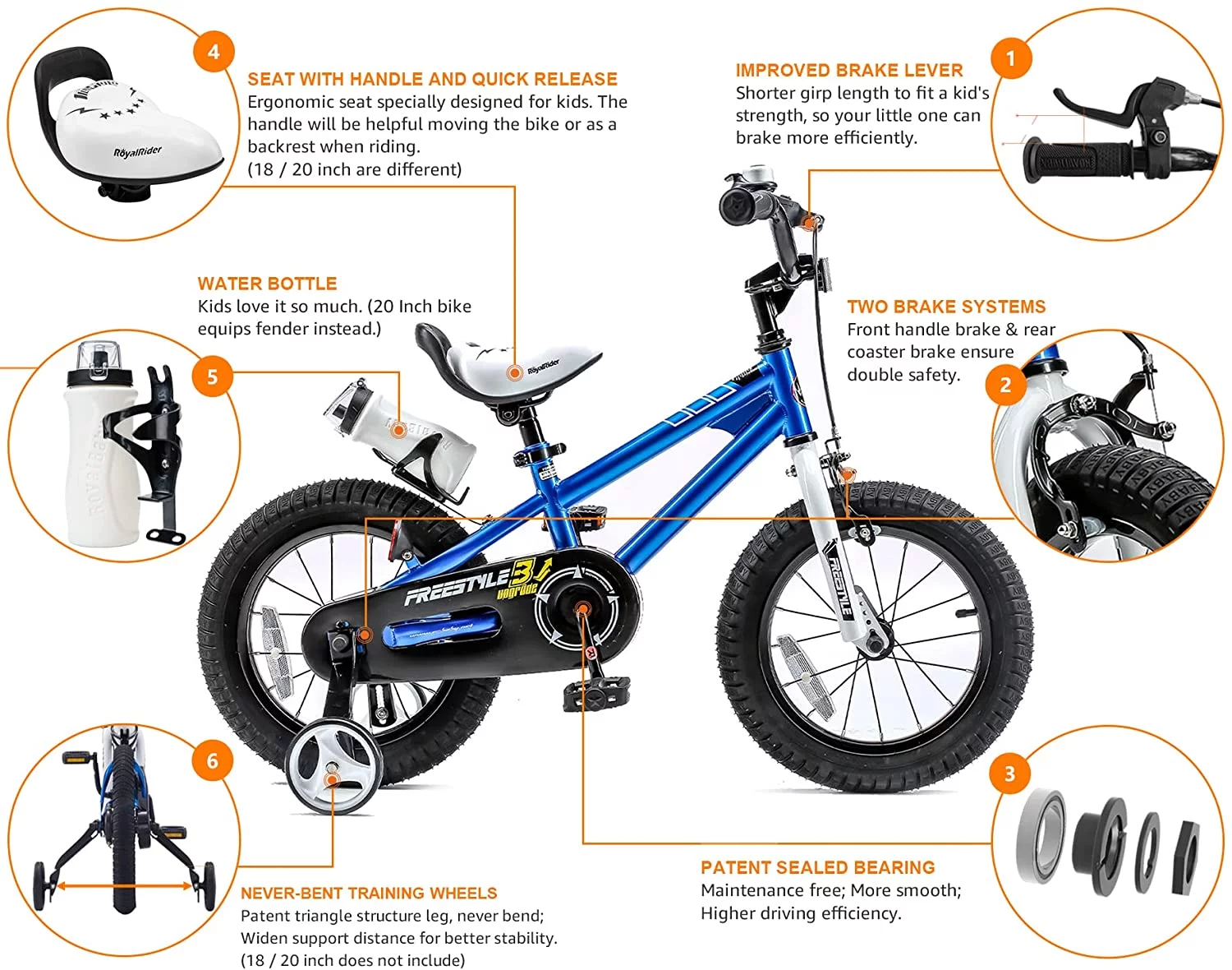 Royalbaby Boys Girls Kids Bike 18 In BMX Freestyle Black 2 Hand Brakes Bicycles with Kickstand - Womvr