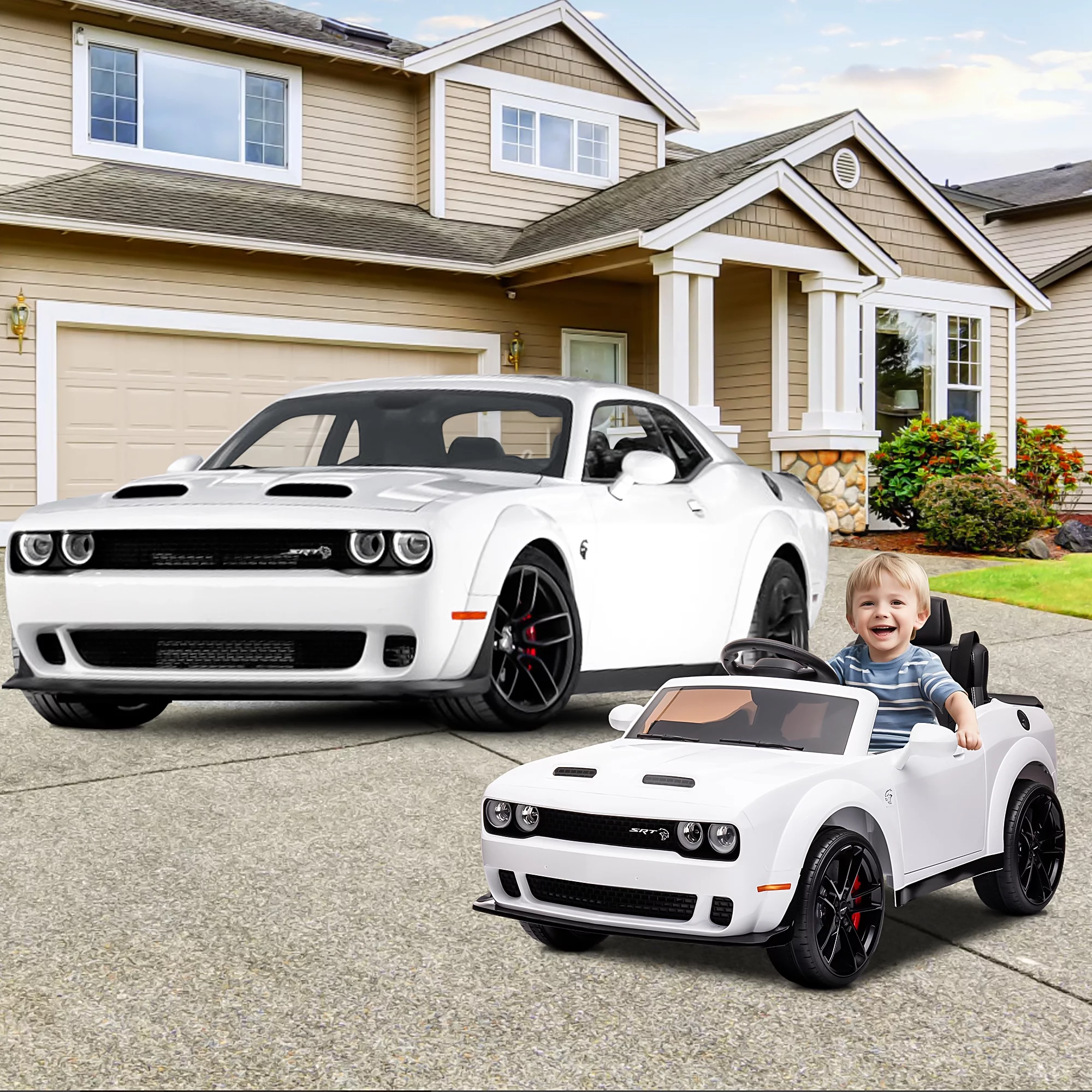 Dodge Challenger 12 V Powered Ride On Car with Remote Control, SRT Hellcat Toys for Kids, Black - Womvr