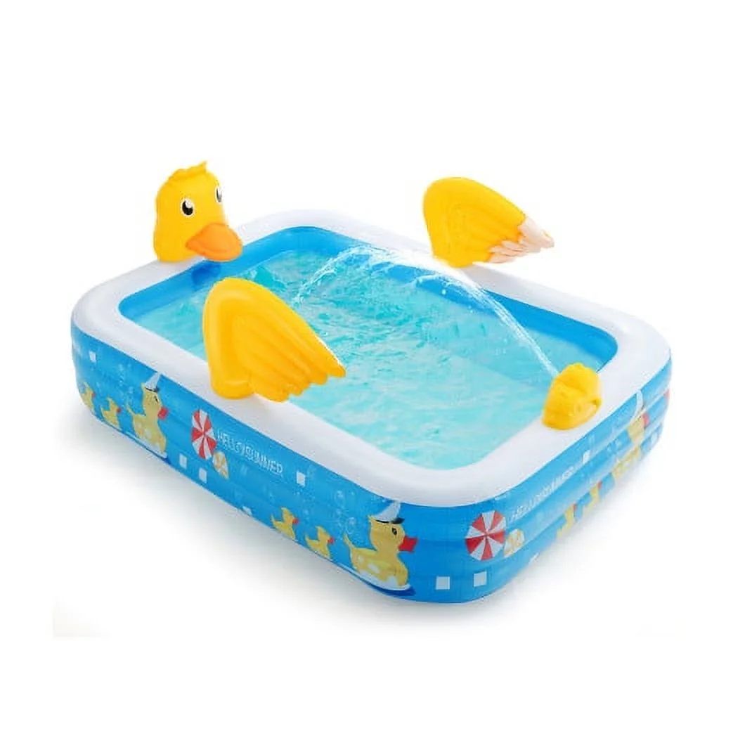 Inflatable Swimming Pool Duck Themed Kiddie Pools with Sprinkler for Age Over 3-Blue - Womvr