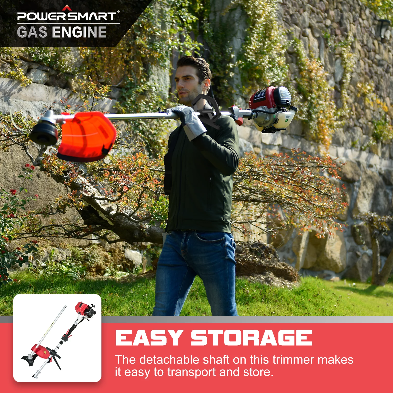 PowerSmart 2-Cycle 25.4cc 18lb Straight Shaft Gas String Trimmer Weed Wacker and Brush Cutter for Lawns and Grass - Womvr