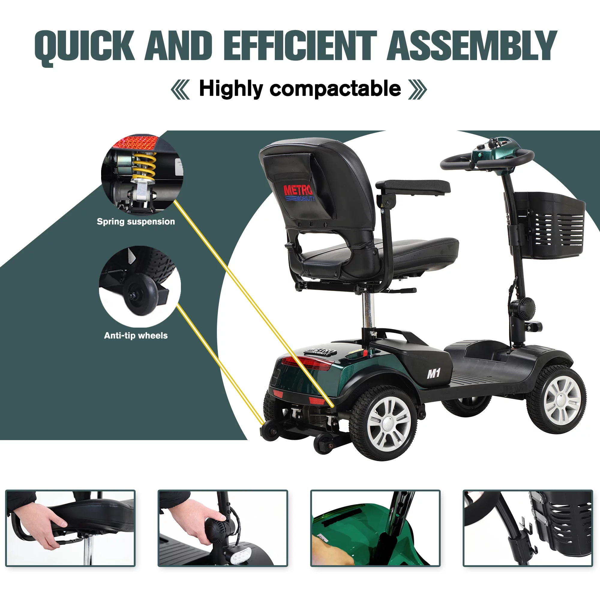 Electric Mobility Scooter for Adults and Seniors - 300 lbs Max Weight, 4-Wheel Powered Mobility Scooters Wheelchair Device for Travel, Elderly (with Head Light-White) - Womvr