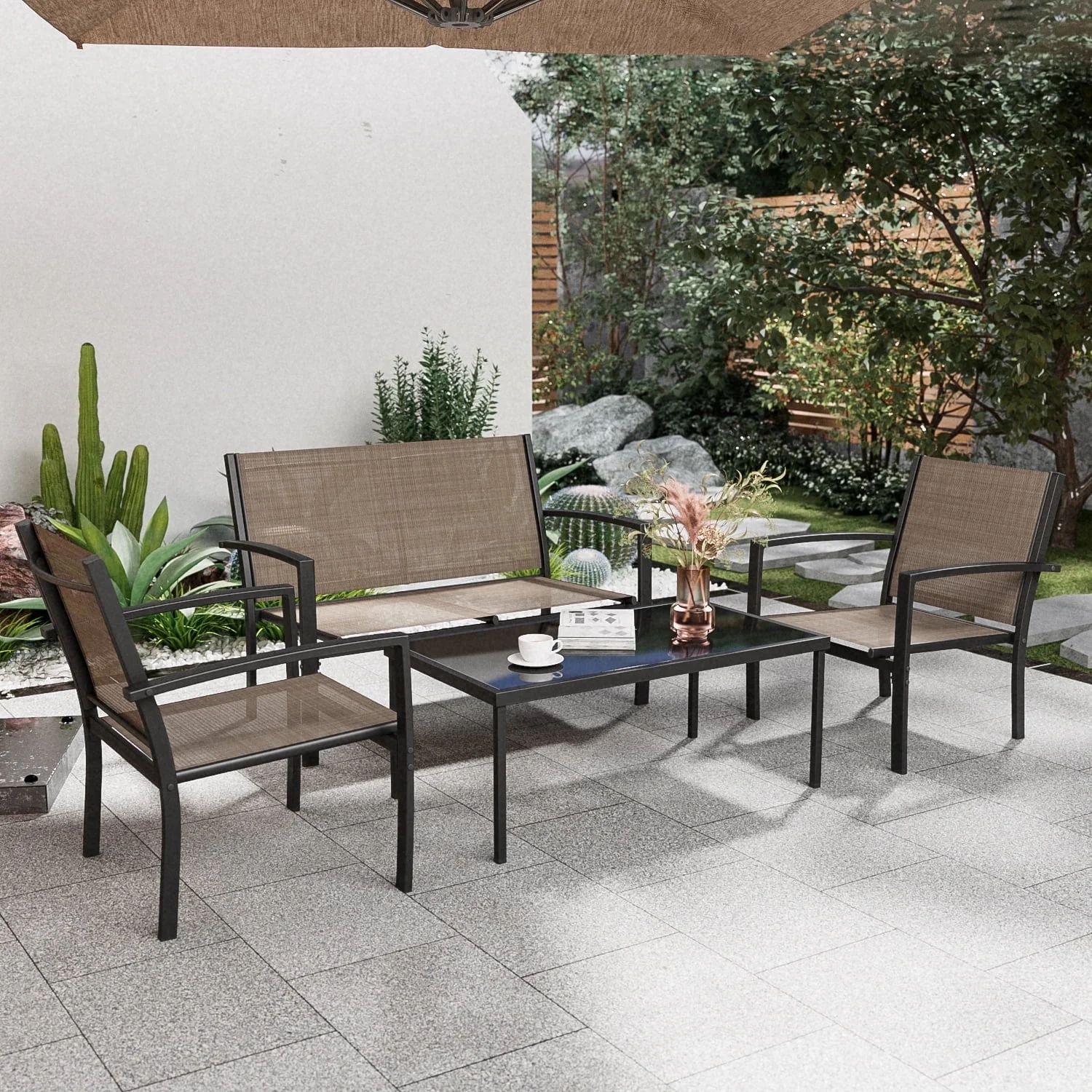 LACOO 4 Pieces Outdoor Furniture Set Patio Textilene Steel Conversation Set with Loveseat Tea Table for Lawn and Balcony, Black - Womvr