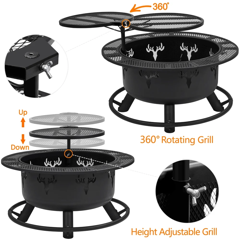 Alden Design 32�� Round Wood Burning Fire Pit for Outdoor, Black - Womvr