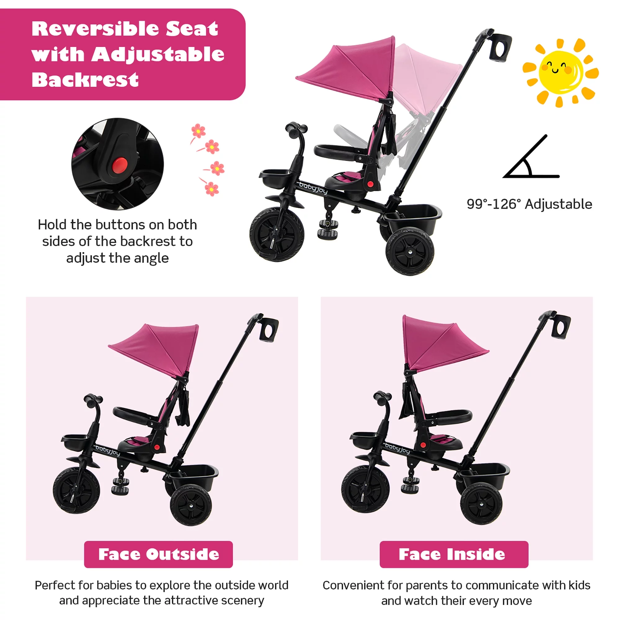 Babyjoy 4-in-1 Toddler Tricycle Reversible Baby Trike W/ Height Adjustable Push Handle - Womvr
