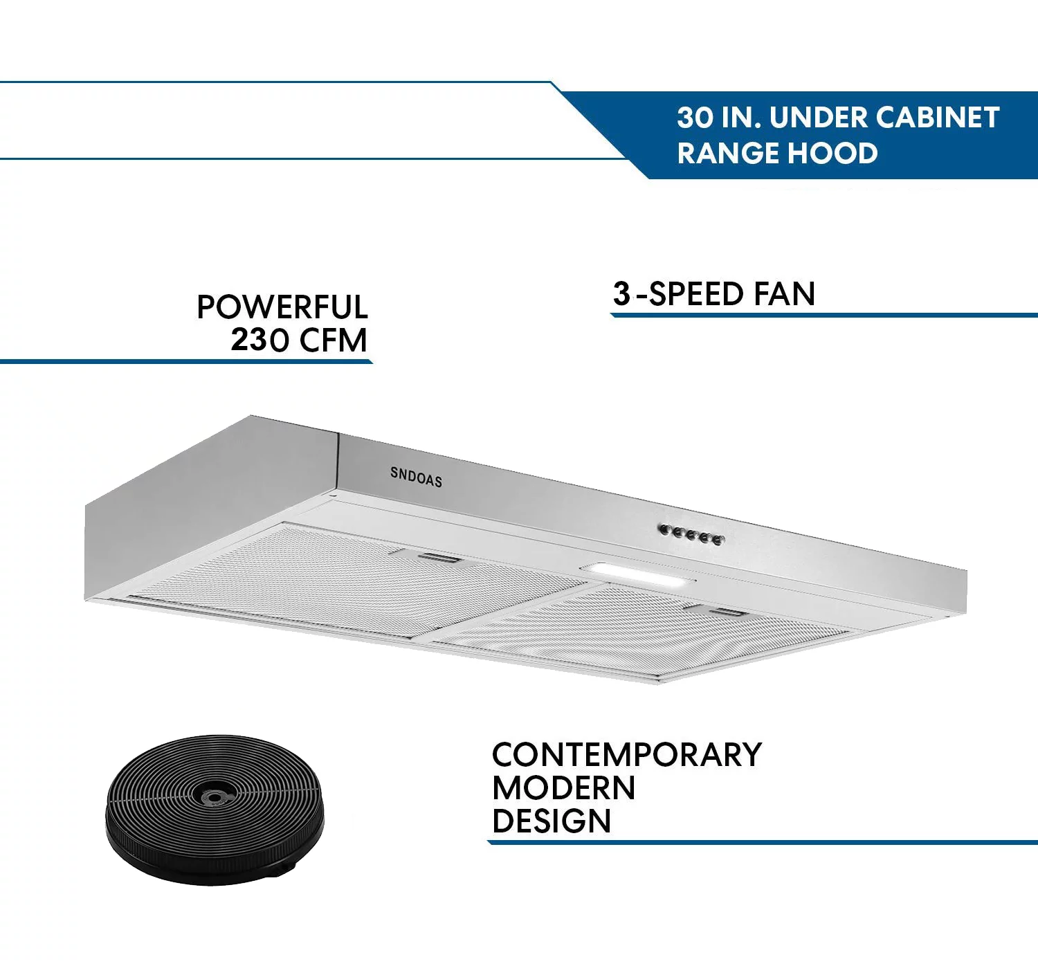 Range Hood 30-inch Under Cabinet Vent Hood 230 CFM Kitchen Hood Stainless Steel 3-Speed - Womvr
