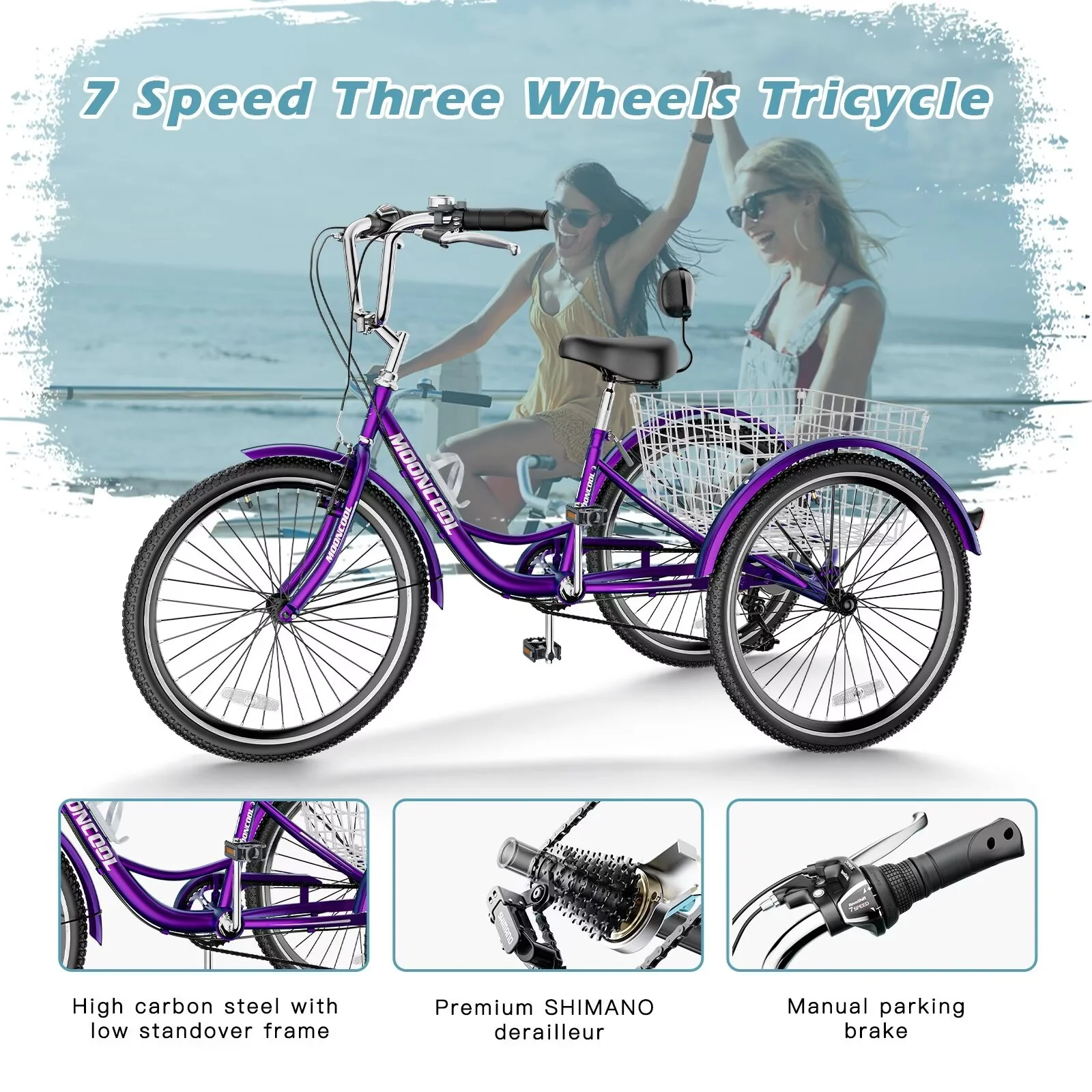 MOPHOTO 20/24/26 inch Adult Tricycle Folding 3 Wheel Cruiser Bikes 7 Speed, Portable and Foldable Trikes with Cargo Basket for Men & Women Outdoor Cycling, Purple - Womvr