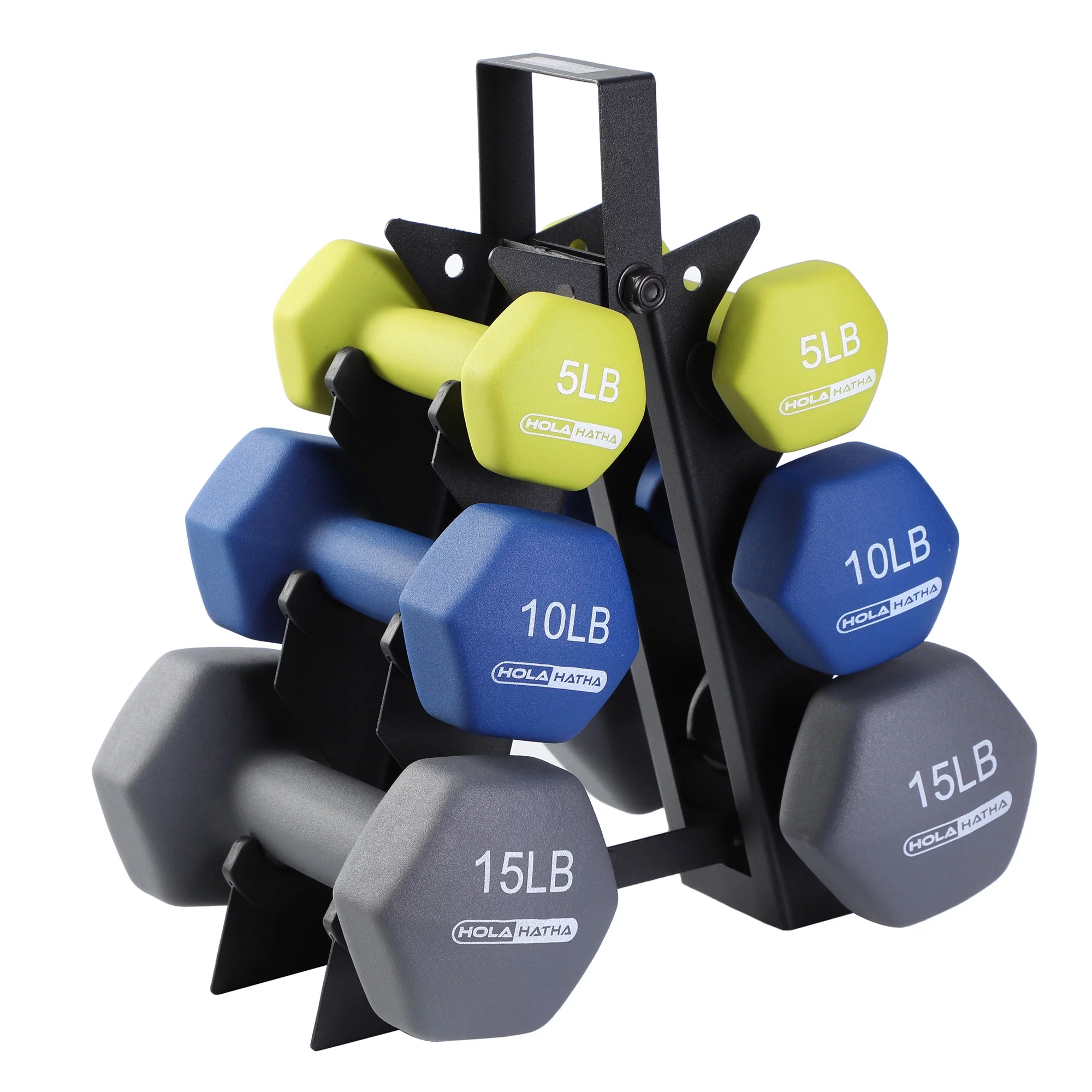 Open Box HolaHatha 5, 10, and 15 Pound Neoprene Free Hand Weight Set with Rack - Womvr