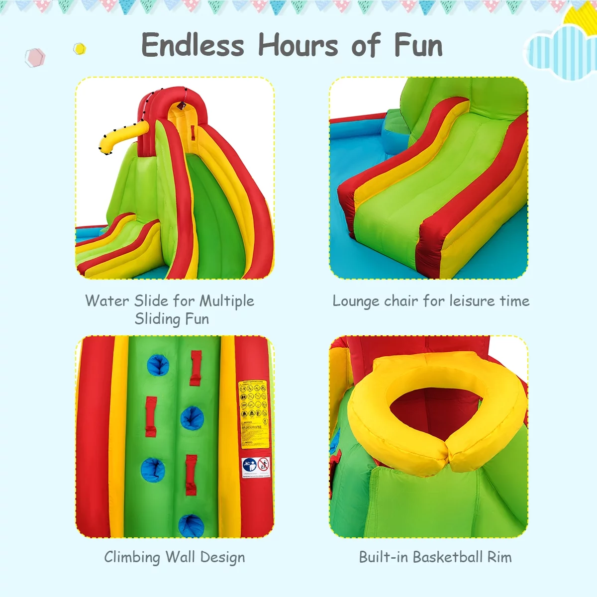 Inflatable Kids Water Slide Park with Climbing Wall Water Cannon and Splash Pool - Womvr