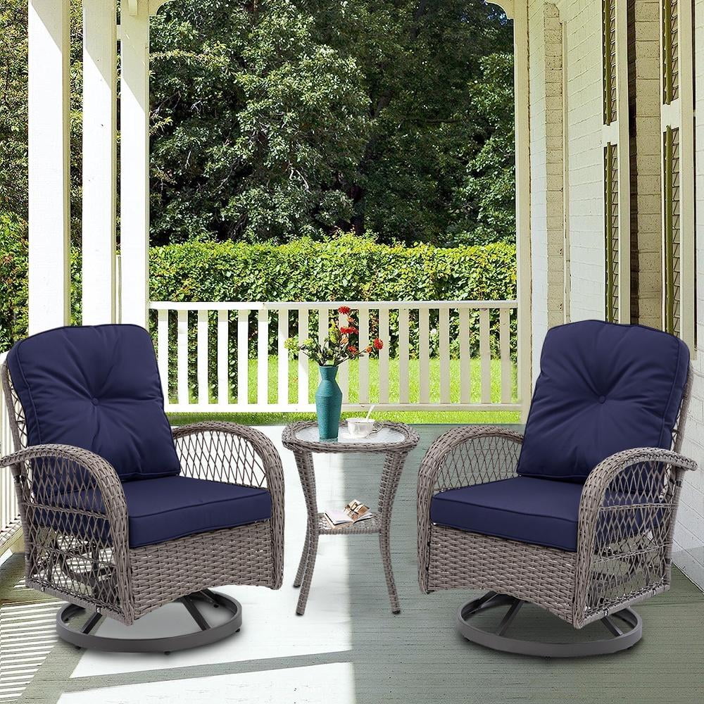 3 Piece Outdoor Bistro Swivel Chairs Set, Patio Bistro Set w/ 360° Swivel Rocking Chairs & Table, All-Weather Conversation Set with Metal Frame for Patio Backyard Porches or Garden - Khaki - Womvr